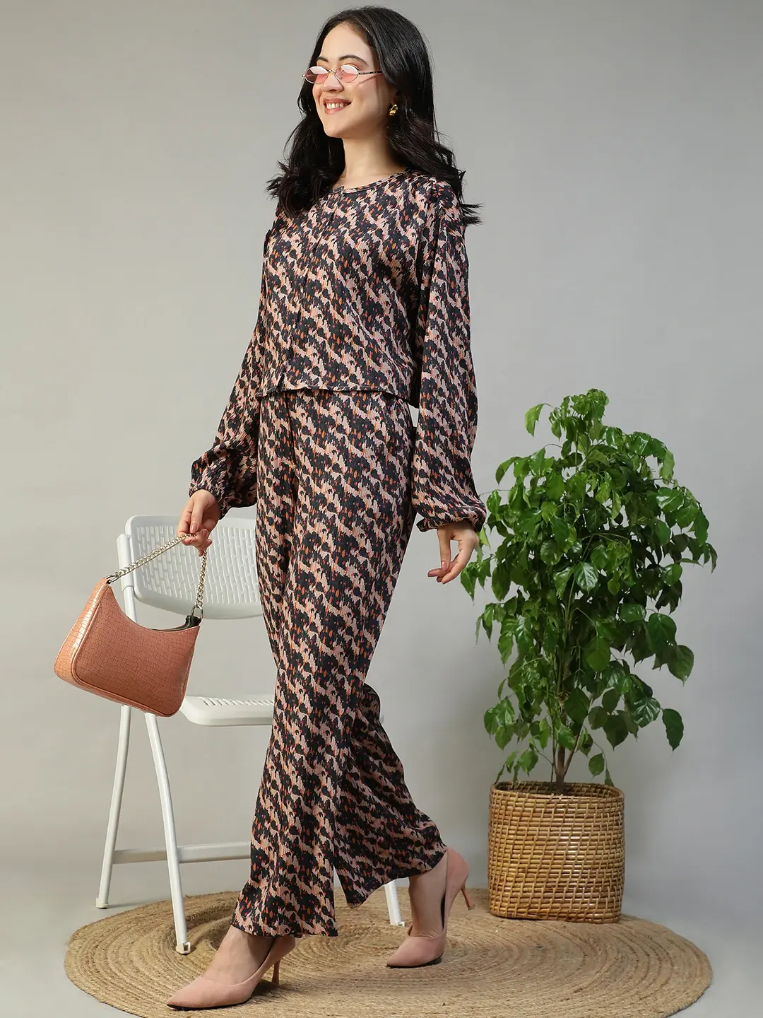 Brown Abstract Print Women Co-Ord Set - Image 4