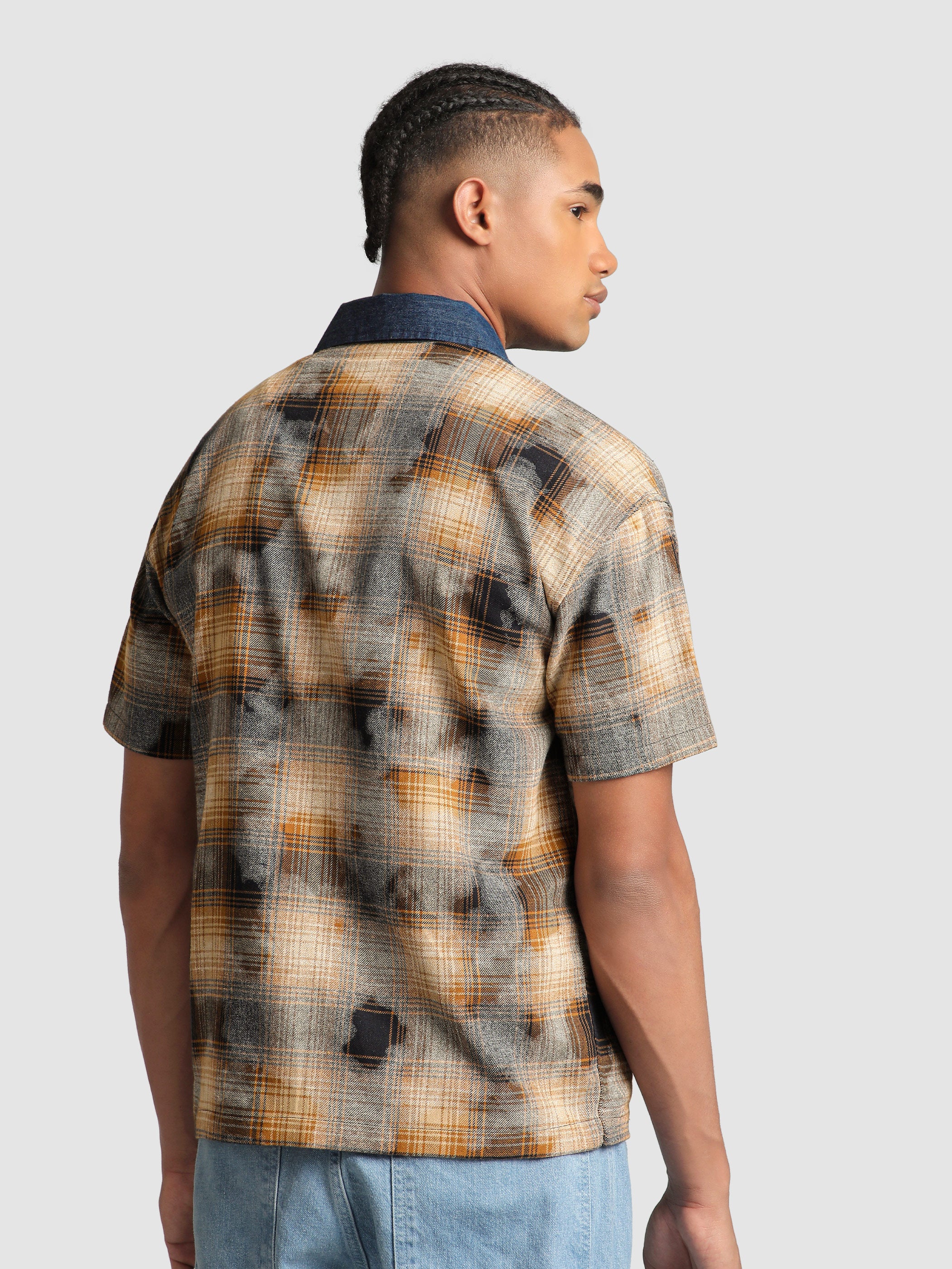 Brown and Blue Denim Collar Zipper Shirt - Image 3