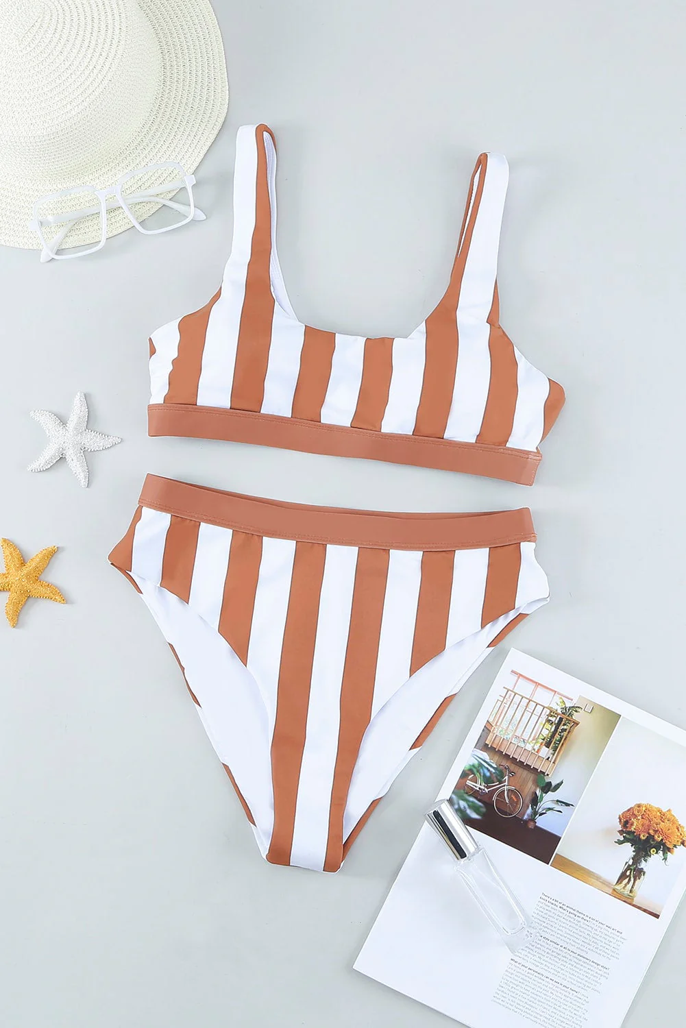 Brown Athletic Striped Tank High Waisted Swimsuit - Image 8