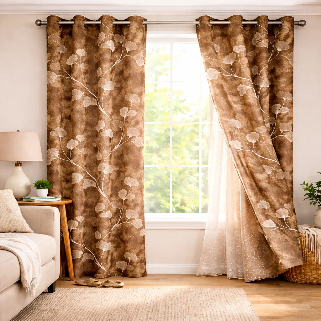 Brown Printed Curtains Set of 2 – Eyelet Window Curtains | Premium Polyester Fabric | Room Darkening & Elegant Floral Drapes | Living Room & Bedroom Curtains - Image 3