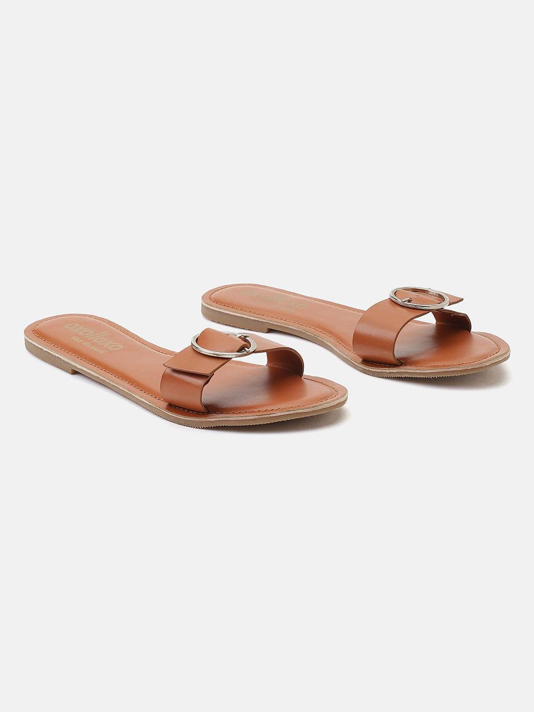 Brown Tanned Buckled Open Back Flat Sandal For Women - Image 2