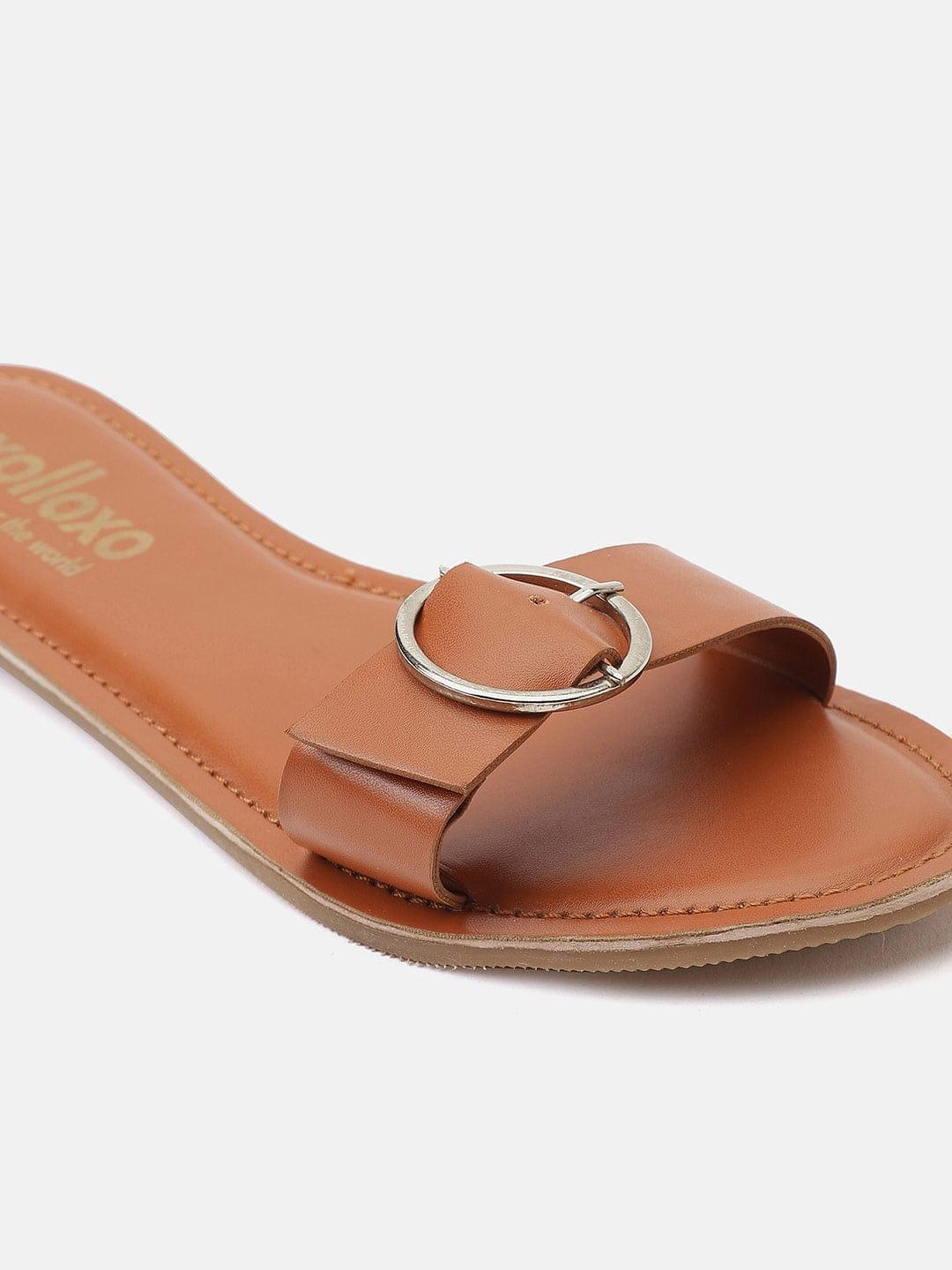 Brown Tanned Buckled Open Back Flat Sandal For Women - Image 5