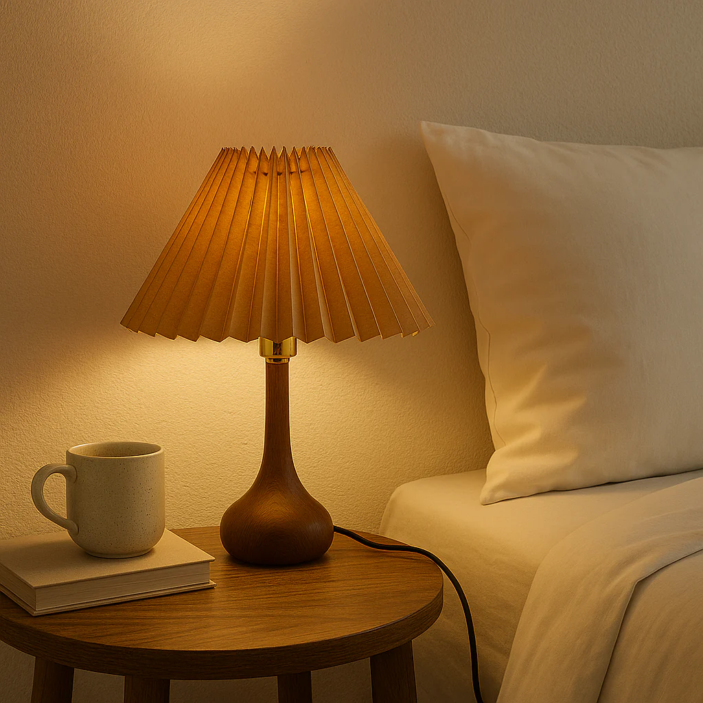 Brown Wooden Table Lamp with Pleated Shade - Image 2