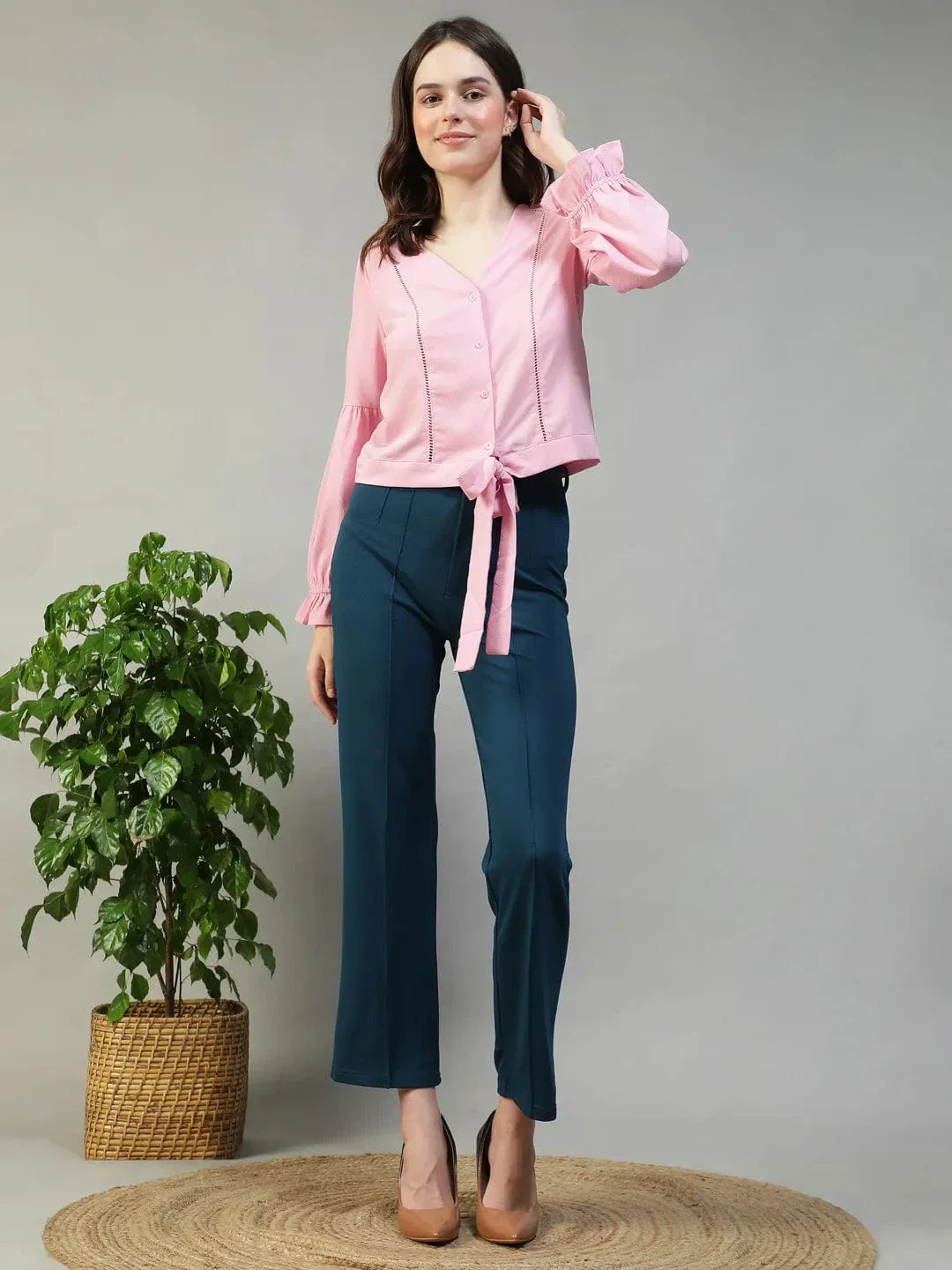 Bubble Light Pink Button-Down Women Top with Tie-Knot and Lace Detail - Image 2