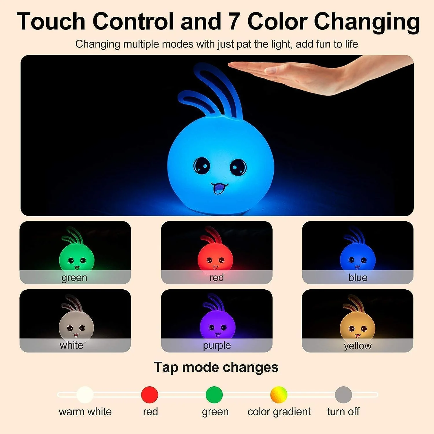 Bunny: Adorable Silicone Bunny Night Light with 7-Color Tap LED Glow, USB Rechargeable & Soft Lighting for Kids’ Room & Gifting - Image 10