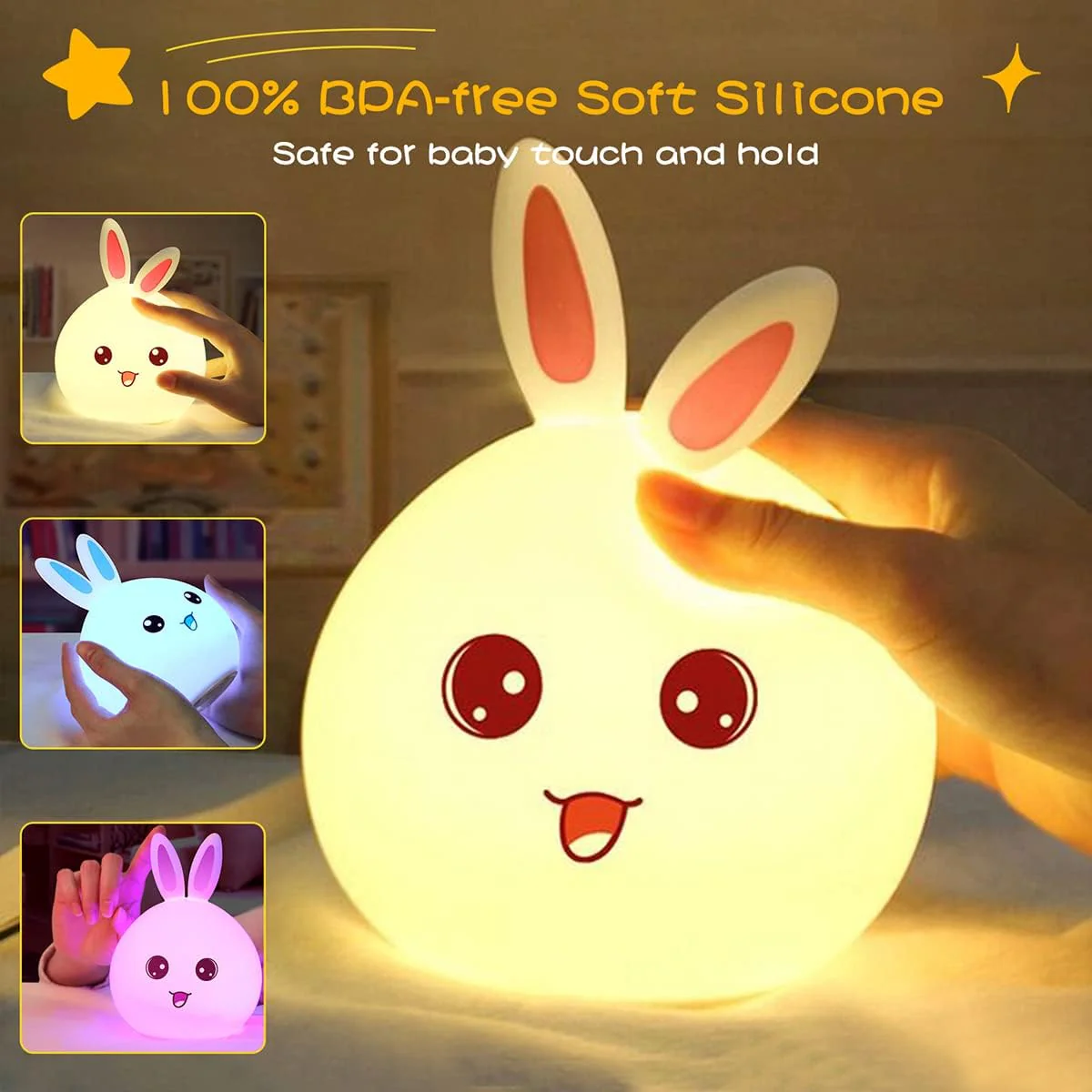 Bunny: Adorable Silicone Bunny Night Light with 7-Color Tap LED Glow, USB Rechargeable & Soft Lighting for Kids’ Room & Gifting - Image 8
