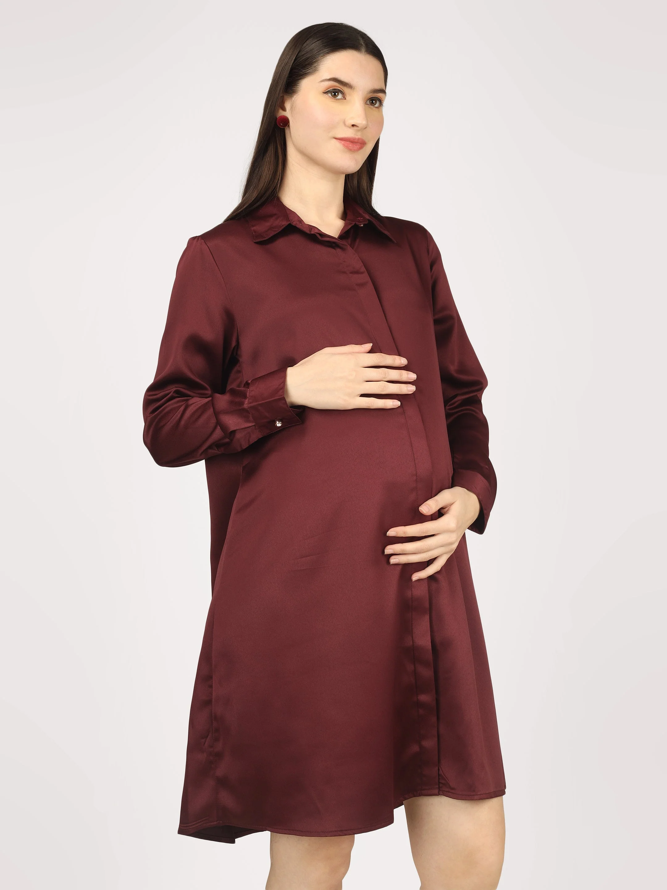 Burgundy Satin Shirt - Luxury Maternity Dress - Image 7