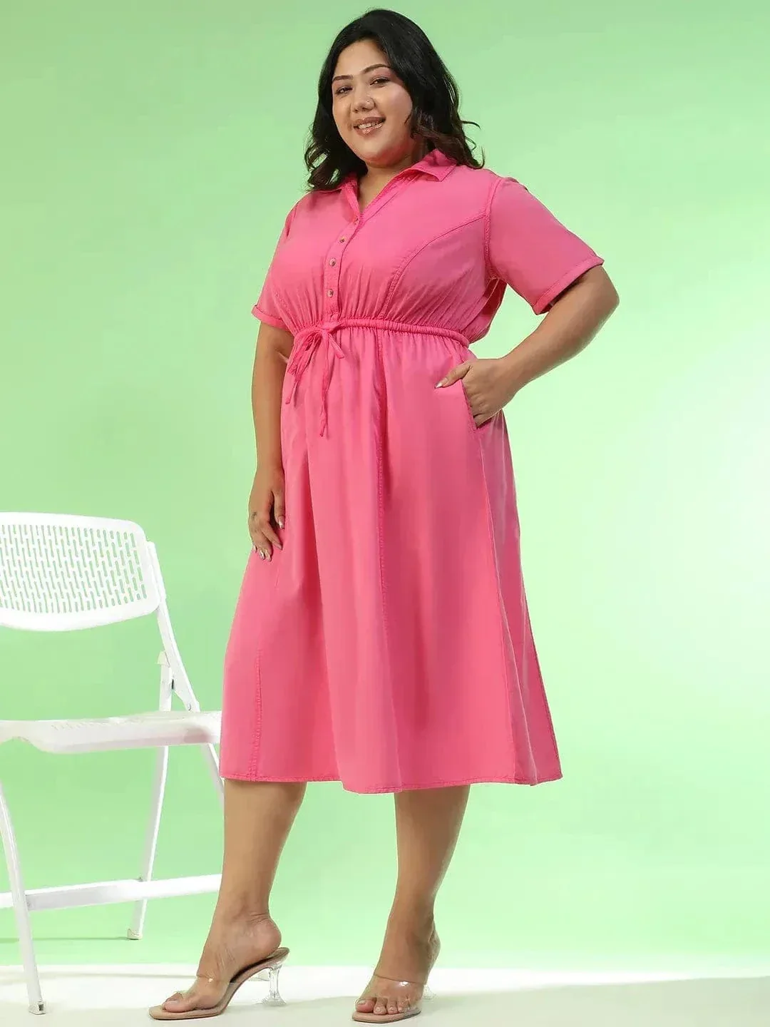 Cameo Pink Collared Short Sleeve Elasticated Tie-Up Detail Button Down Plus Size Women Cotton Dress - Image 3