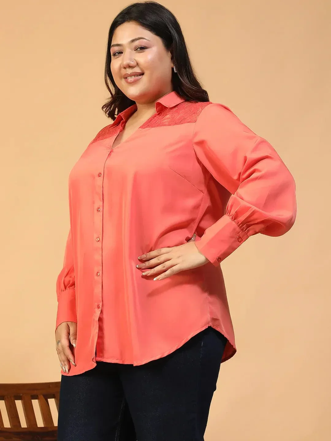 Candy Coral Collared Long Sleeve Lace Detail Button Down Plus Size Women Shirt - Image 3