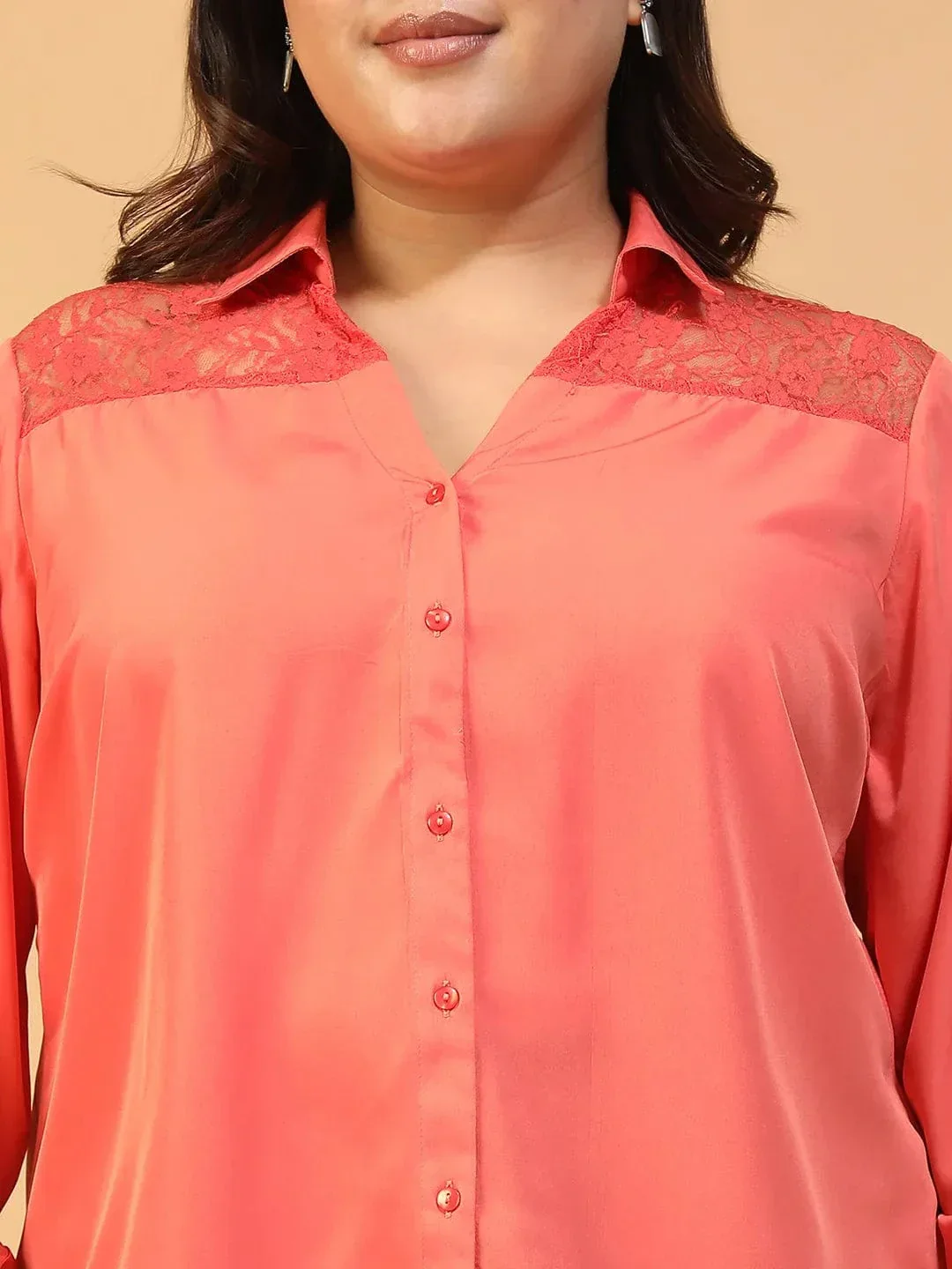 Candy Coral Collared Long Sleeve Lace Detail Button Down Plus Size Women Shirt - Image 6