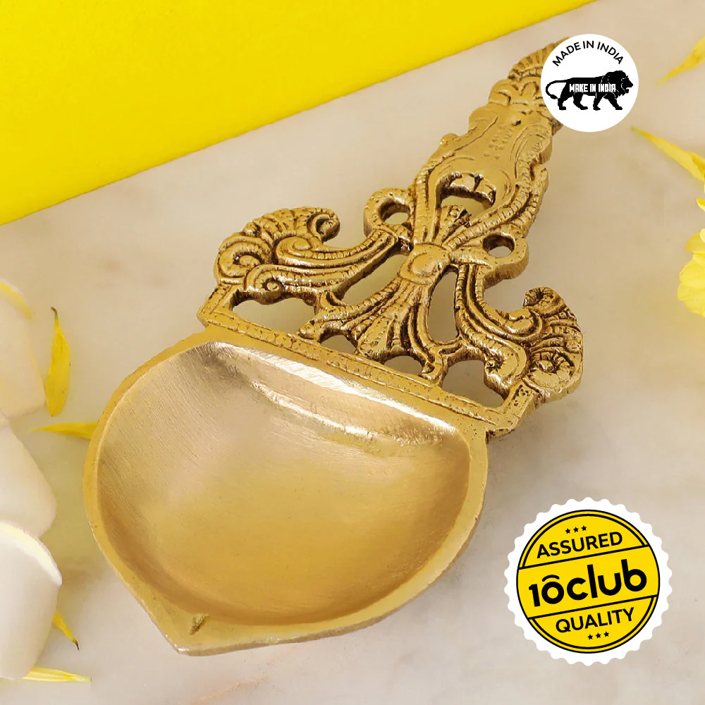 Carved Handle Brass Arti Diya | 100% Pure Brass | Antique Finish - Image 2