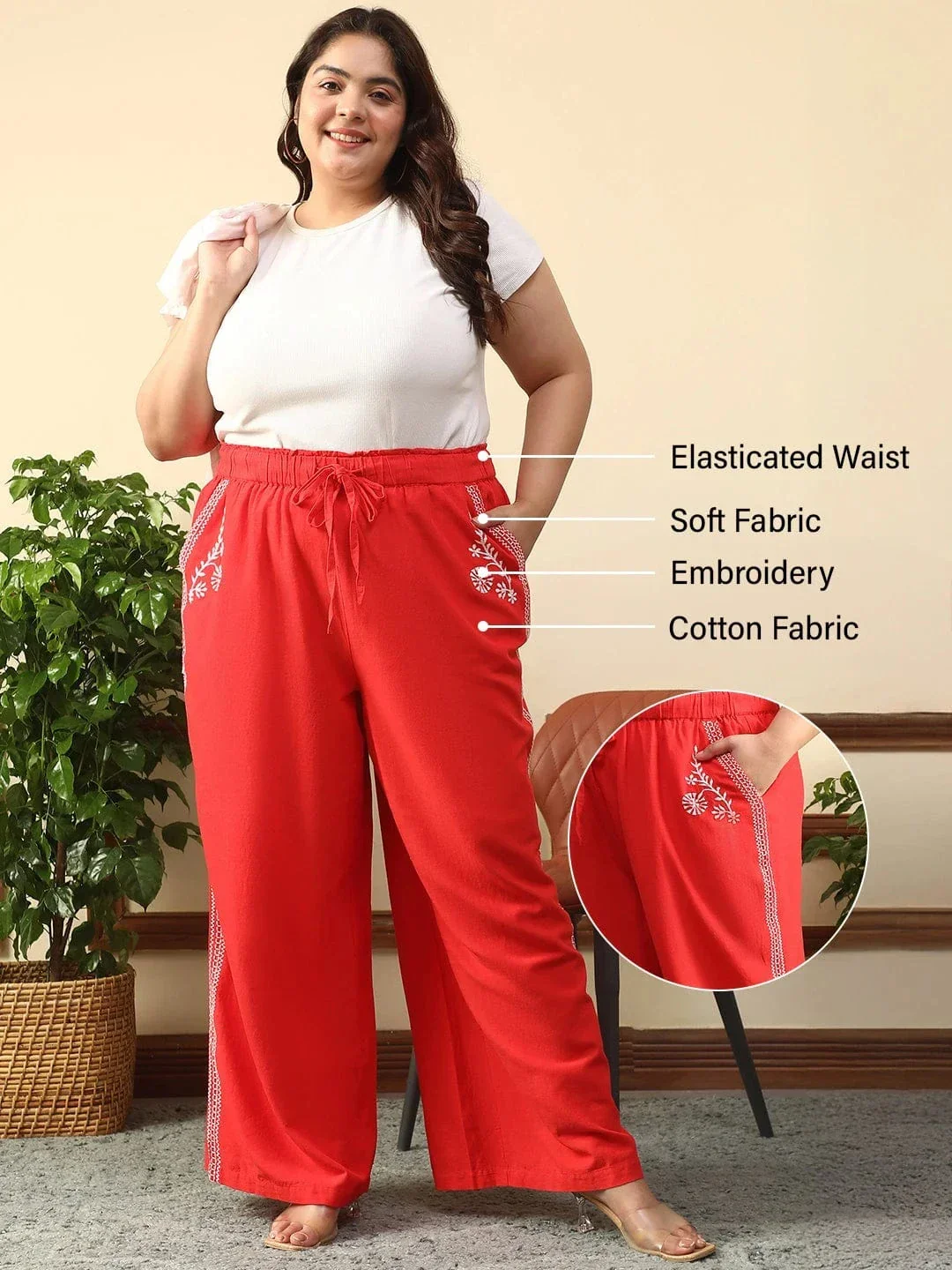 Casual Red Elasticated With Tie -Up Detail Embroidered Plus Size Women Cotton Linen Pant - Image 2