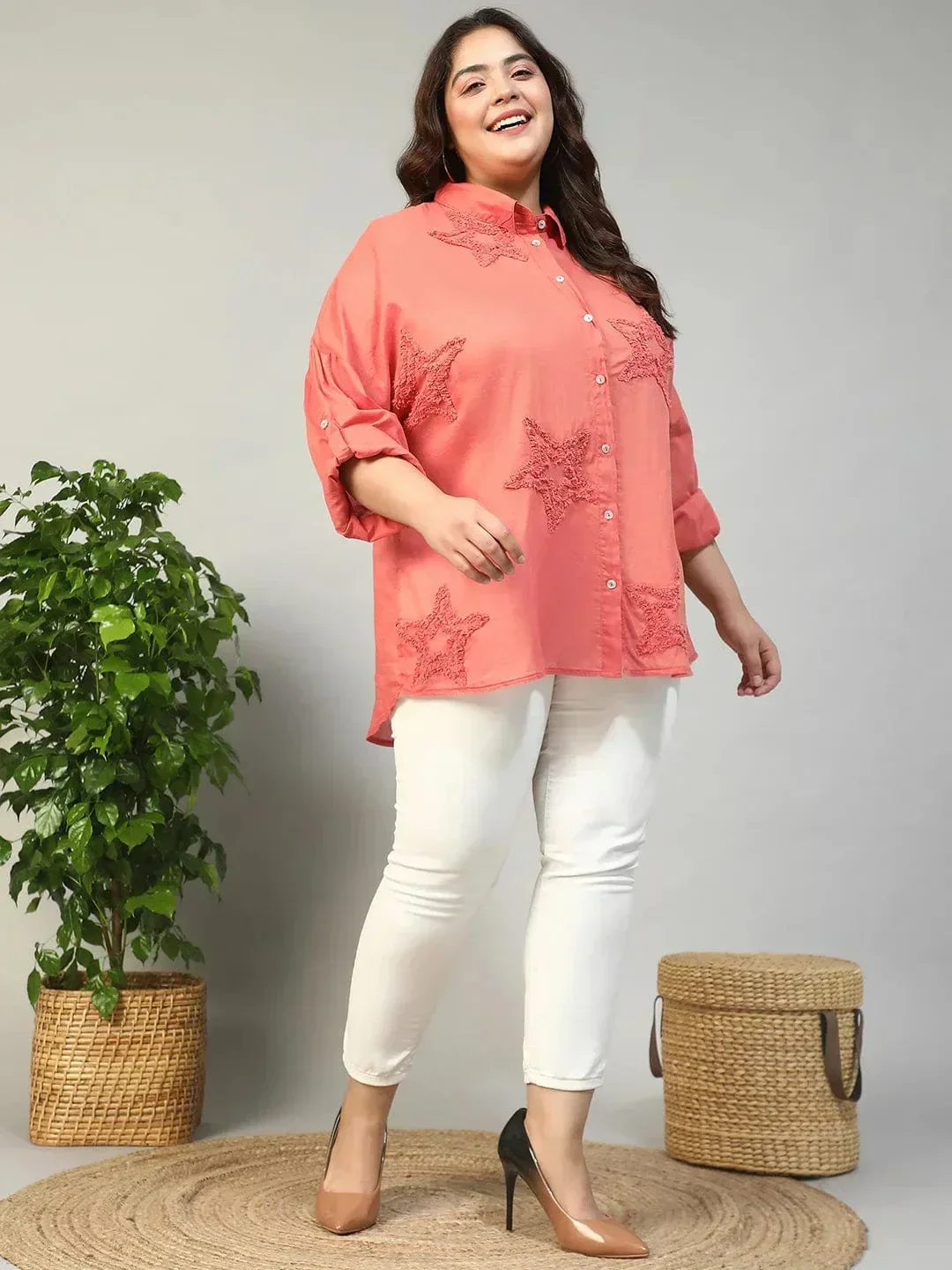 Catchy Coral Long Sleeve Embroidered Button Down Plus Size Women Cotton Shirt - Image 2