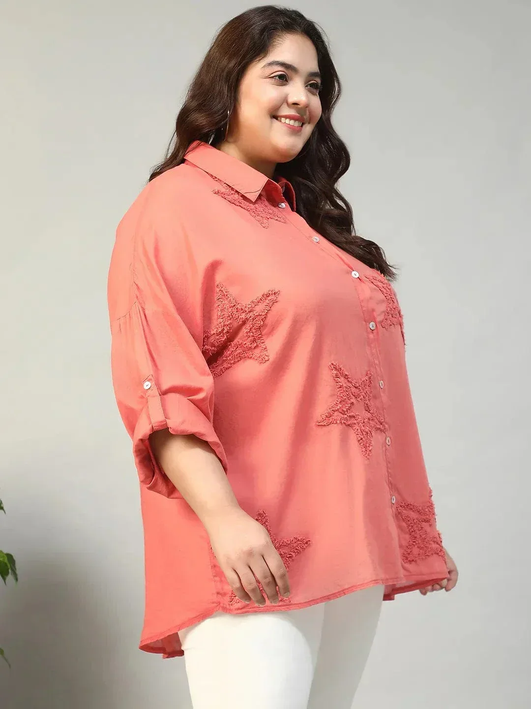 Catchy Coral Long Sleeve Embroidered Button Down Plus Size Women Cotton Shirt - Image 4
