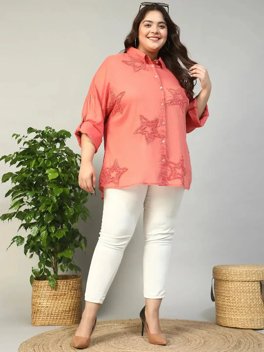 Catchy Coral Long Sleeve Embroidered Button Down Plus Size Women Cotton Shirt - Image 7