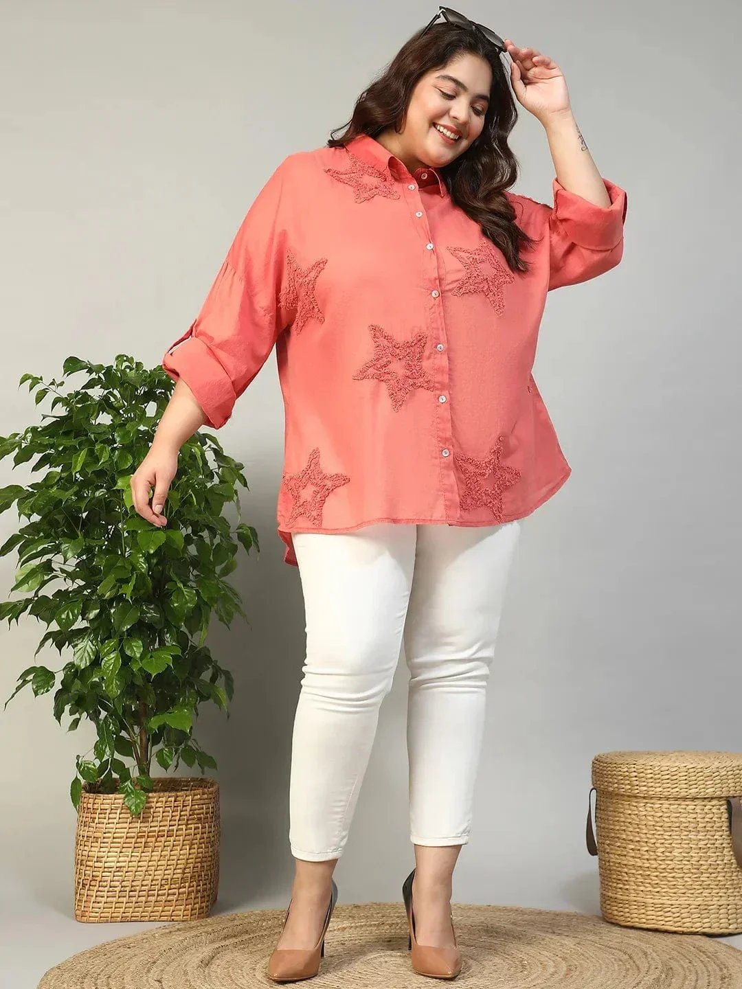 Catchy Coral Long Sleeve Embroidered Button Down Plus Size Women Cotton Shirt - Image 8