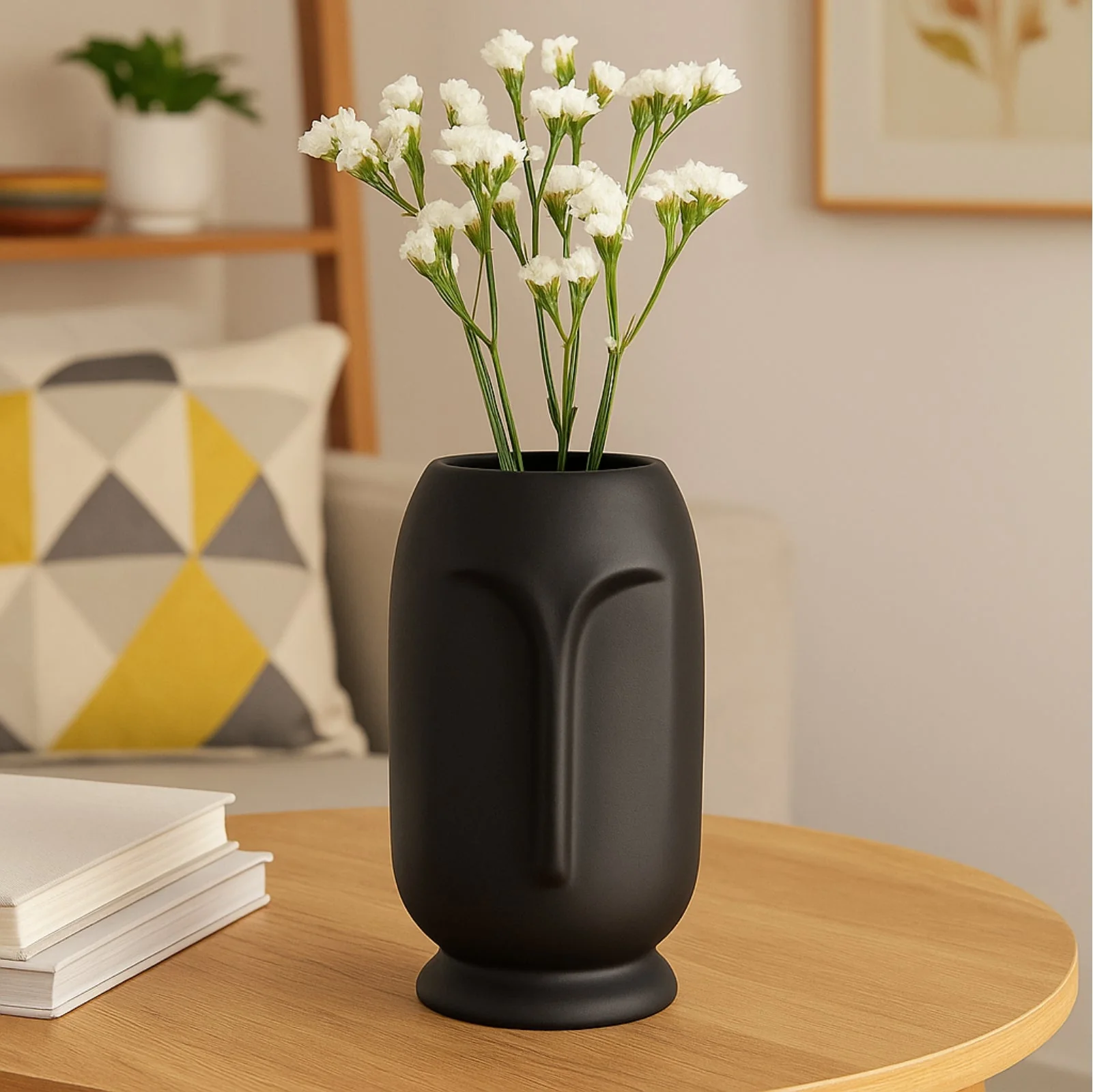 Ceramic Vase for Flowers & Plants - Minimalist Face Shape - Black