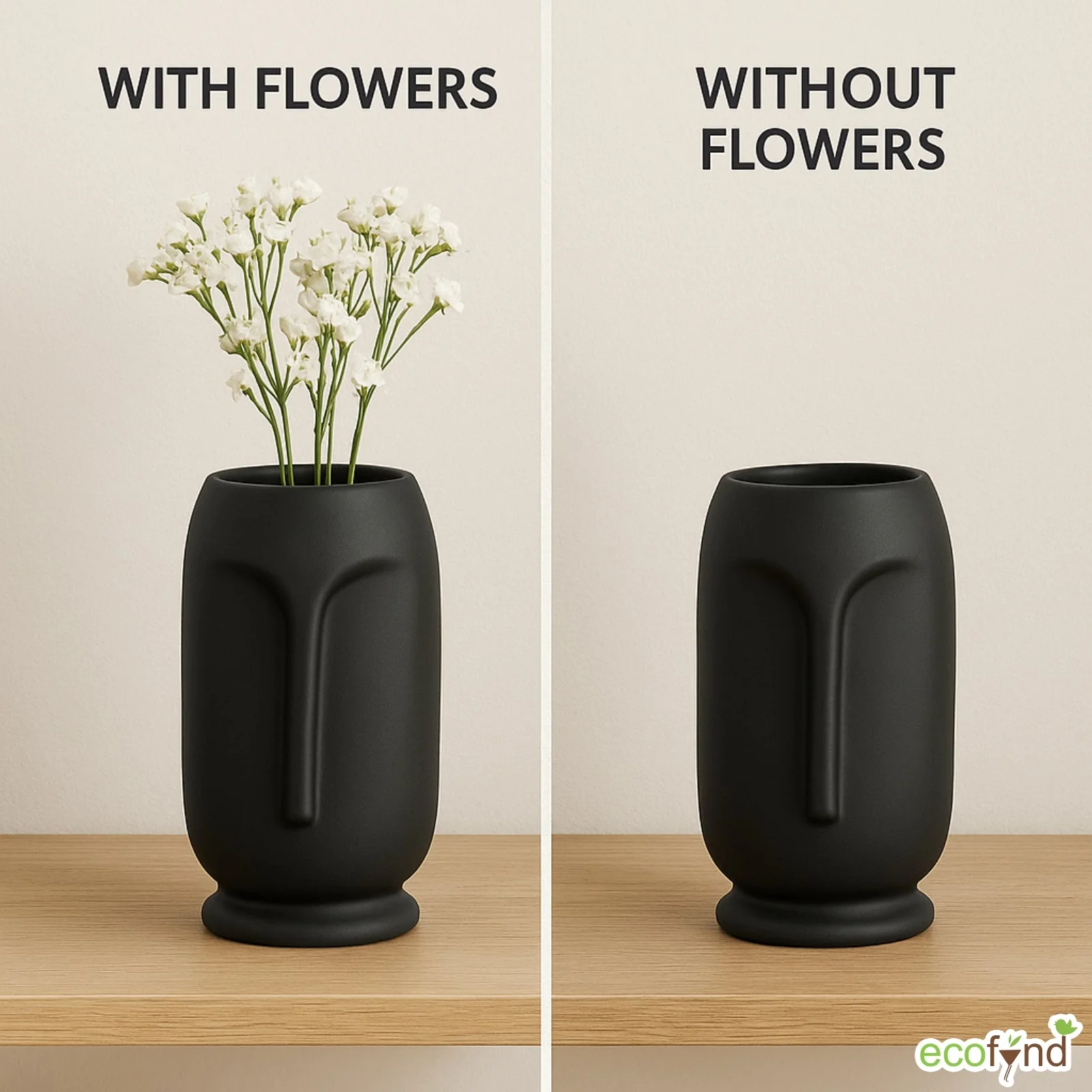 Ceramic Vase for Flowers & Plants - Minimalist Face Shape - Black - Image 5