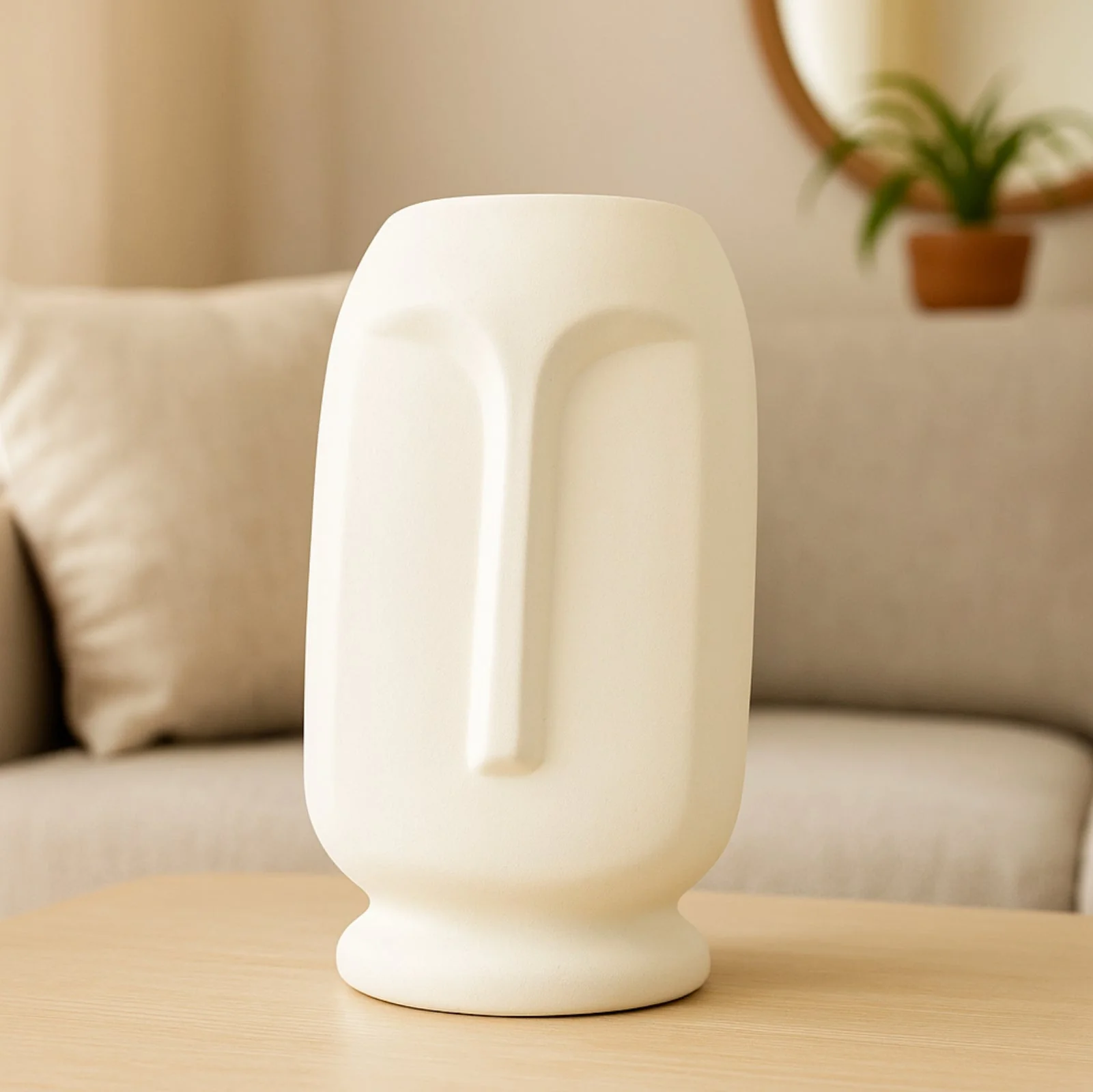 Ceramic Vase for Flowers & Plants - Minimalist Face Shape - White