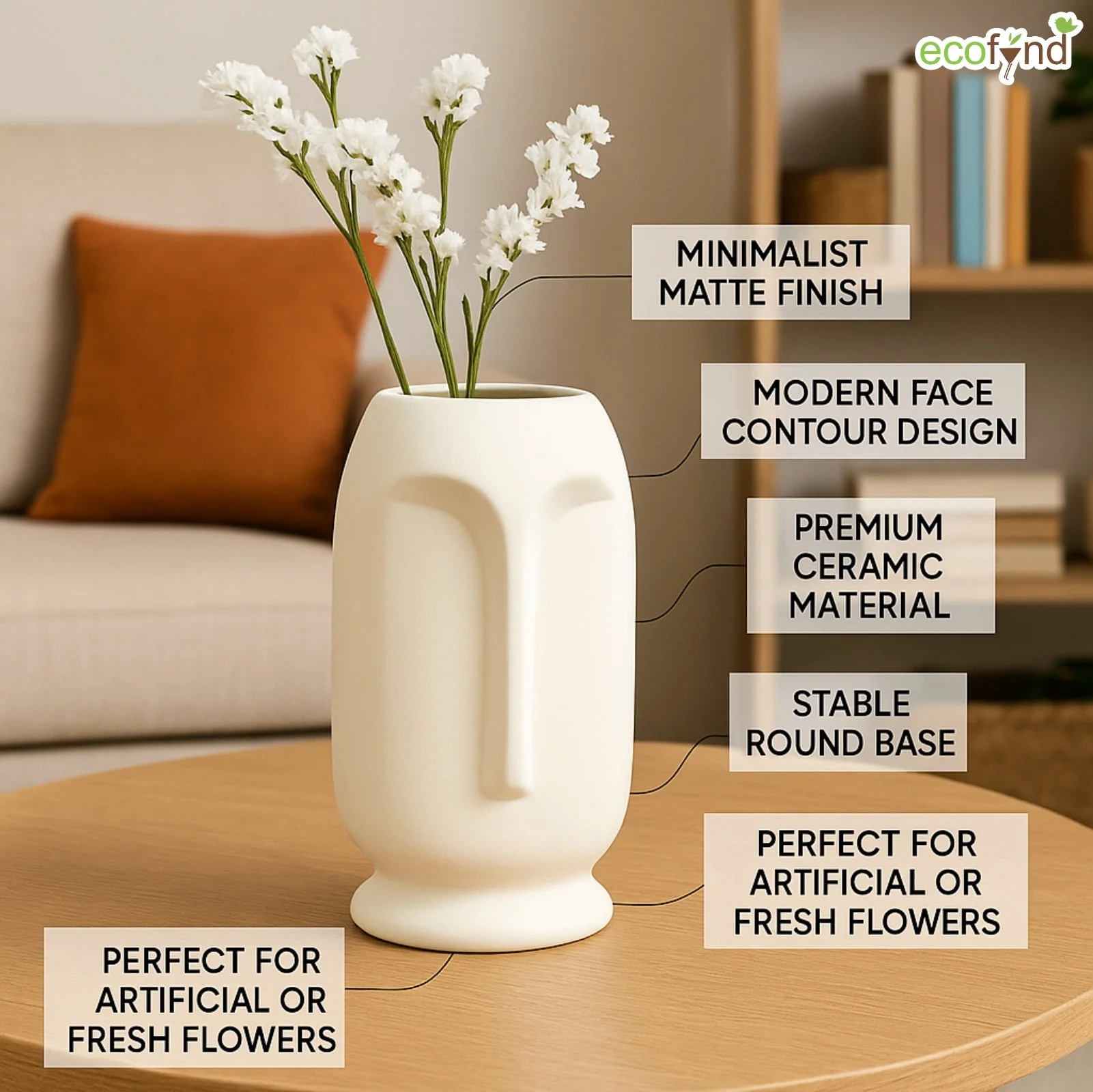 Ceramic Vase for Flowers & Plants - Minimalist Face Shape - White - Image 2