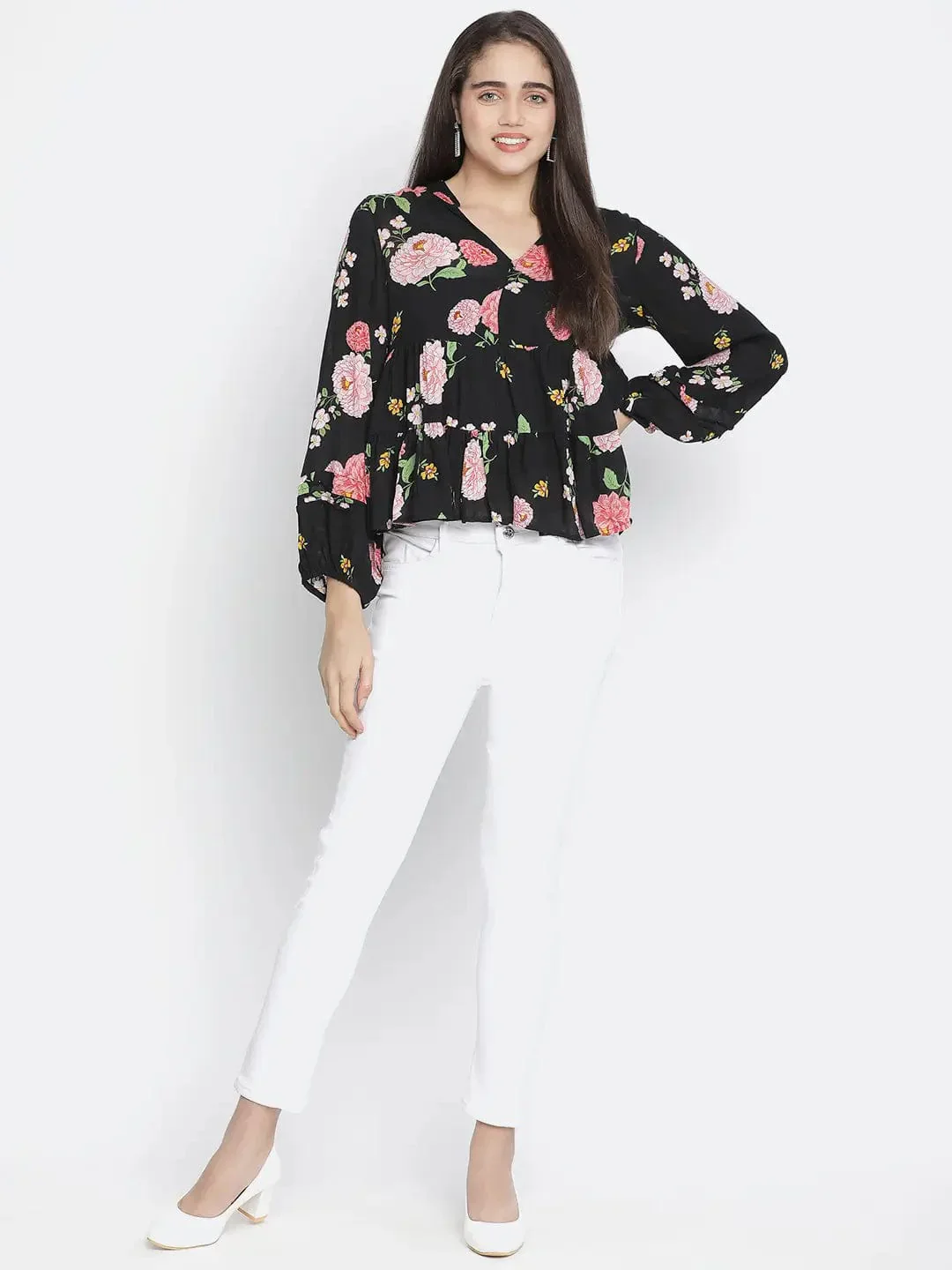 Chaklic Sleek Black Floral Print Women Top - Image 2