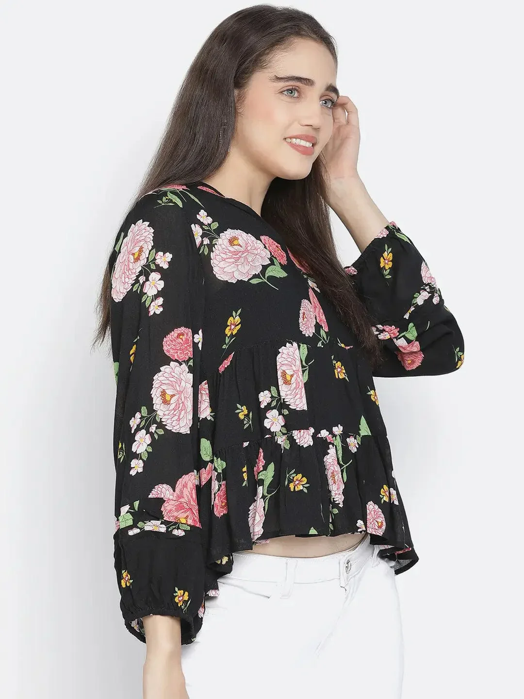 Chaklic Sleek Black Floral Print Women Top - Image 4