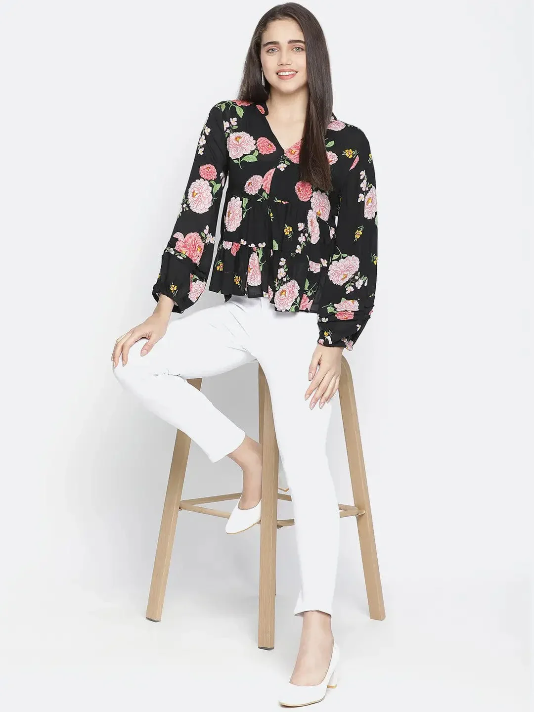 Chaklic Sleek Black Floral Print Women Top - Image 8