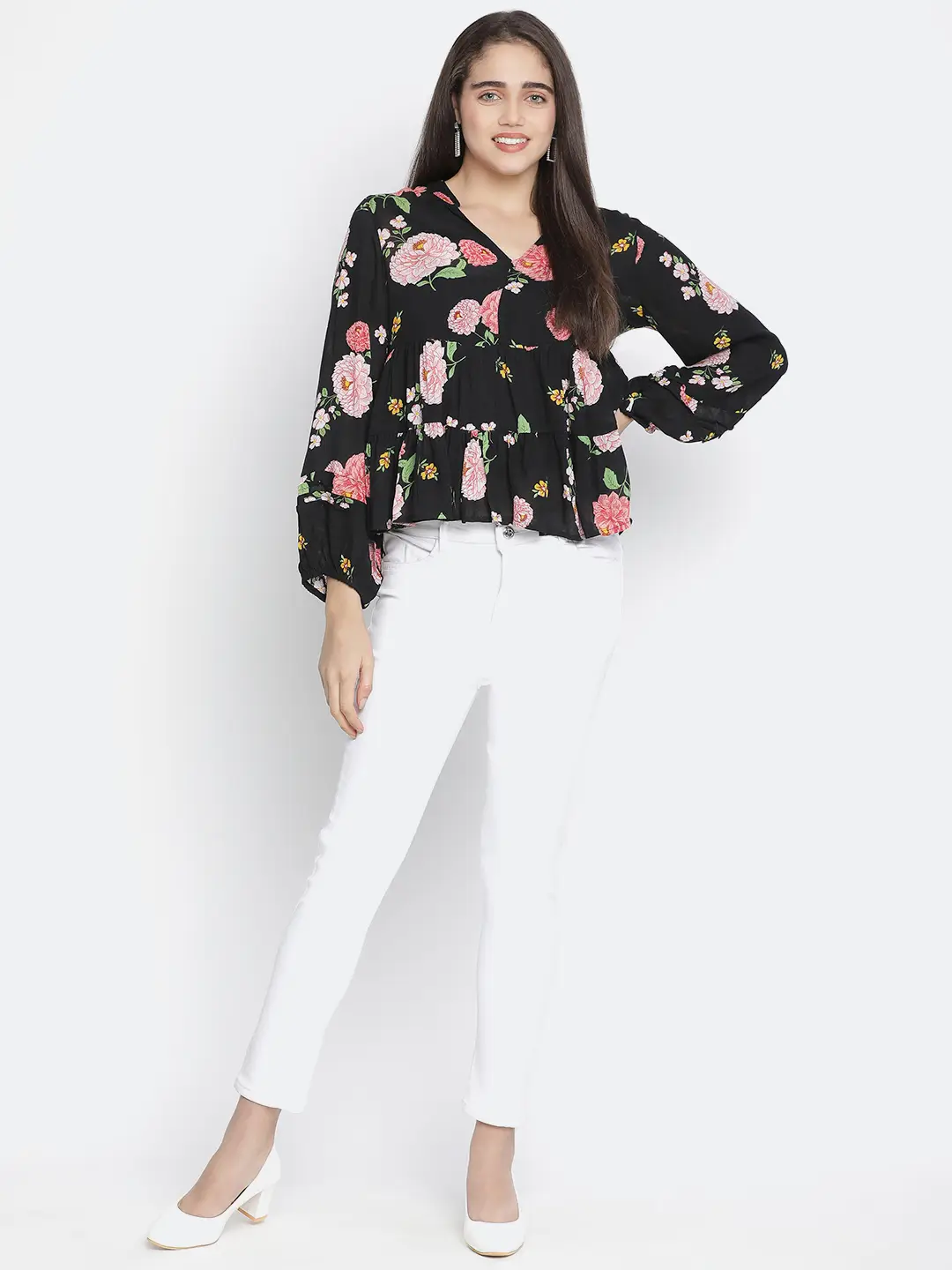 Chaklic Sleek Black Floral Print Women Top - Image 2