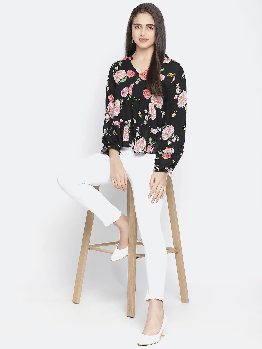 Chaklic Sleek Black Floral Print Women Top - Image 7