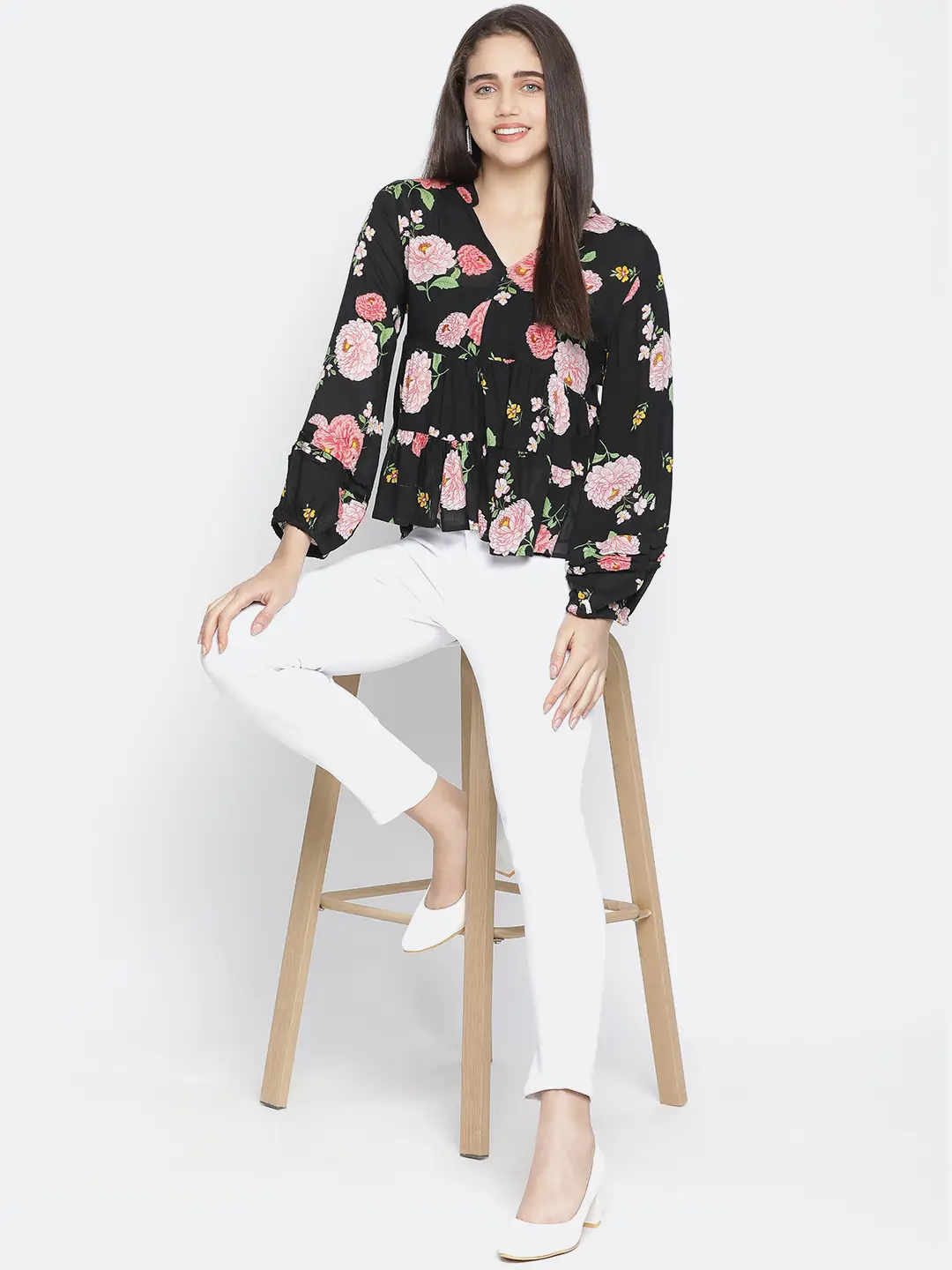 Chaklic Sleek Black Floral Print Women Top - Image 8