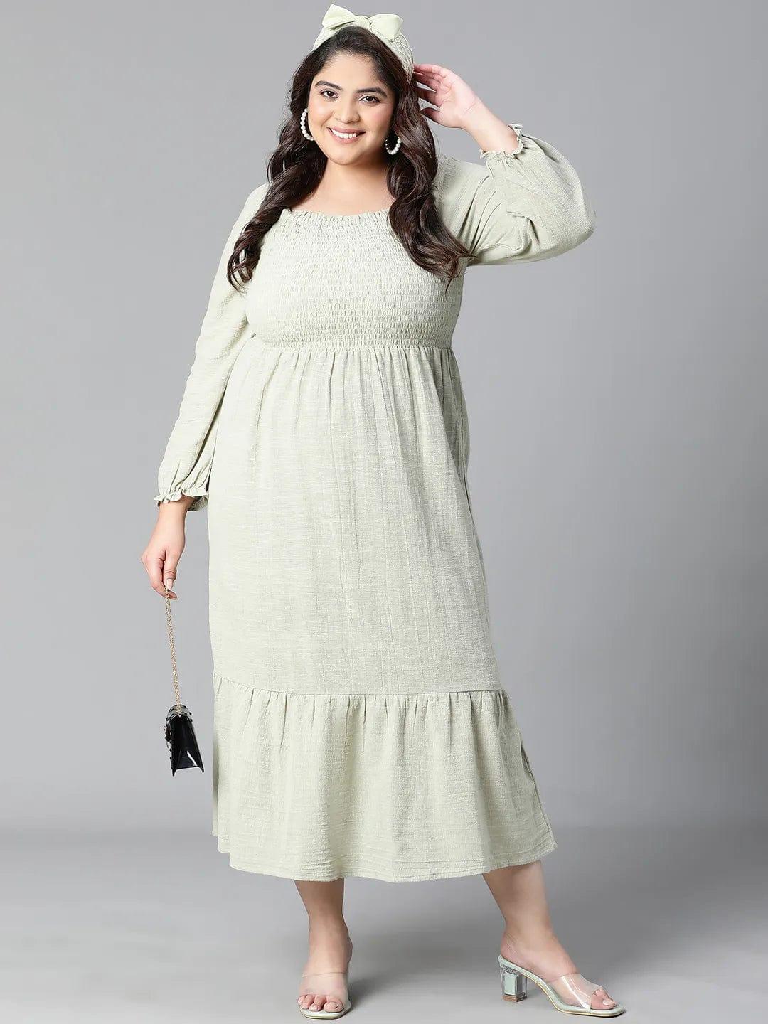 Charming Green Smocked Long Plus Size Curvy Cotton Dress For Summer - Image 7