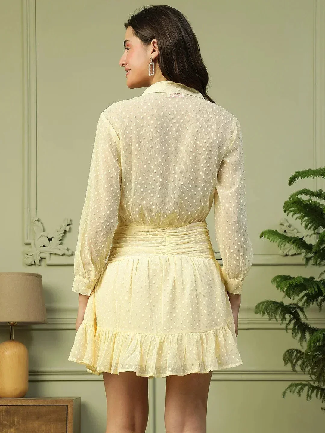Charming Yellow Button Down Long Sleeve Chiffon Dobby Women Dress - Image 5