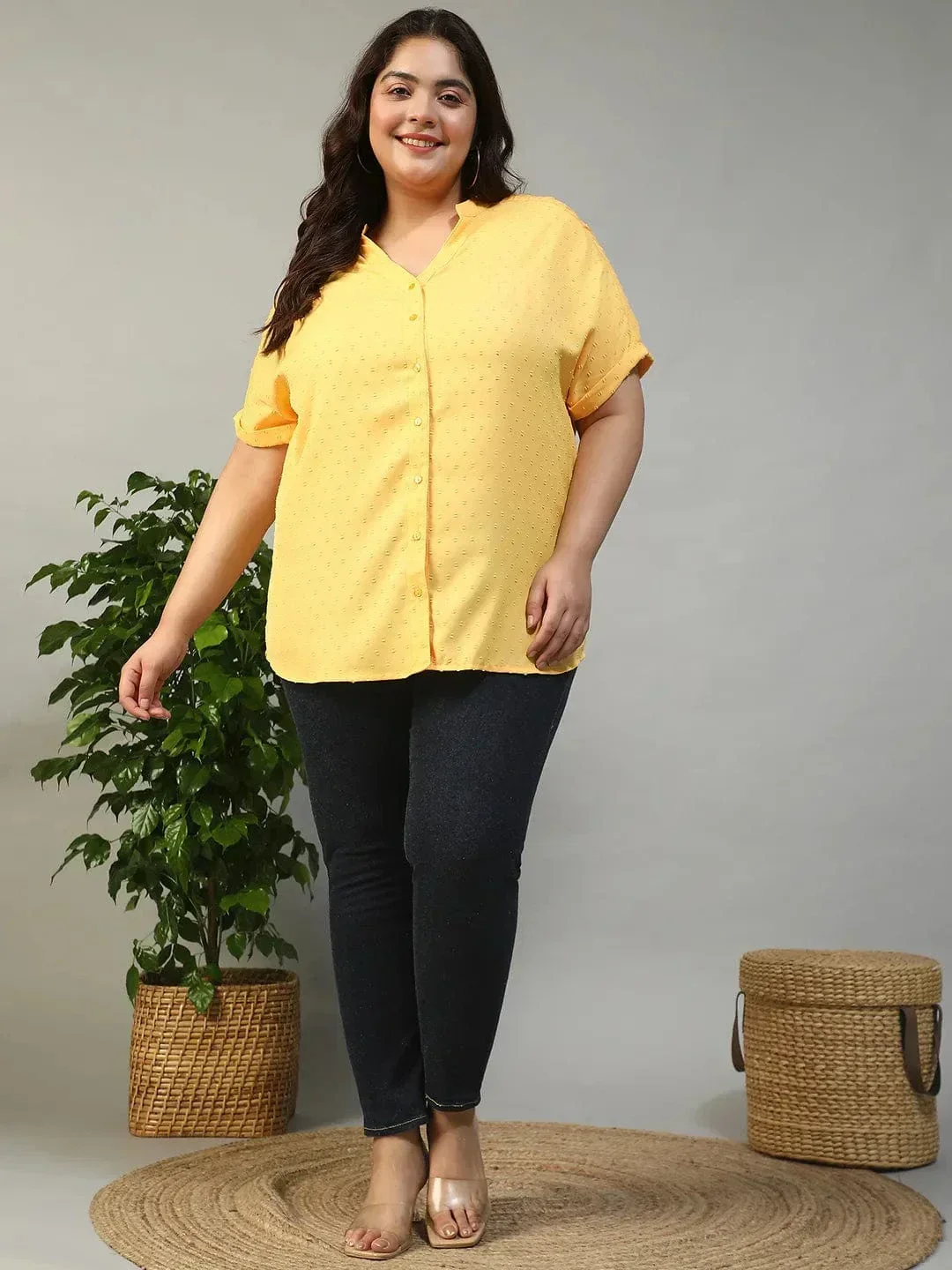 Charming Yellow Short Sleeve Button Down Boota Dobby Printed Plus Size Women Top - Image 2