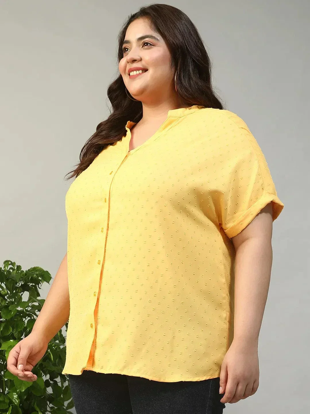 Charming Yellow Short Sleeve Button Down Boota Dobby Printed Plus Size Women Top - Image 3