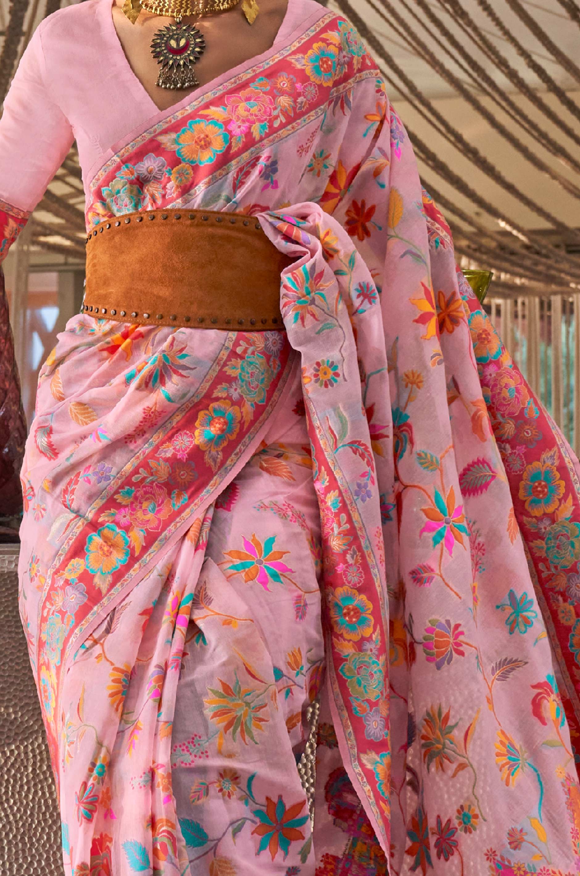 Cherry Pink Floral Woven Silk Saree - Image 3