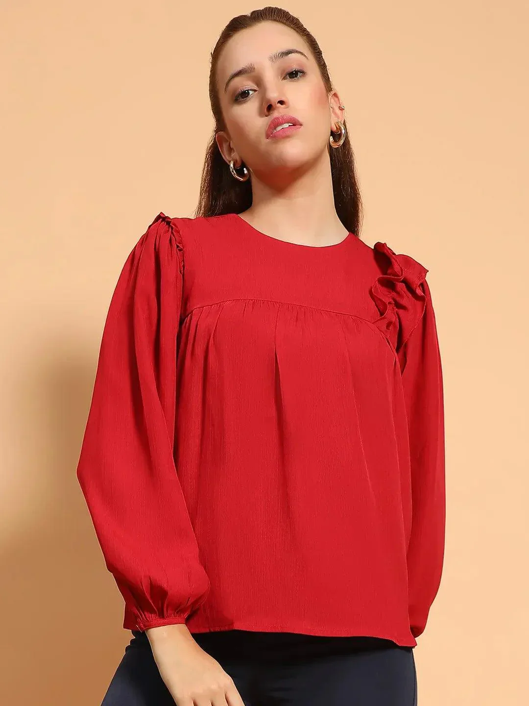 Cherry Red Long Sleeve Embelished Detail Women Top