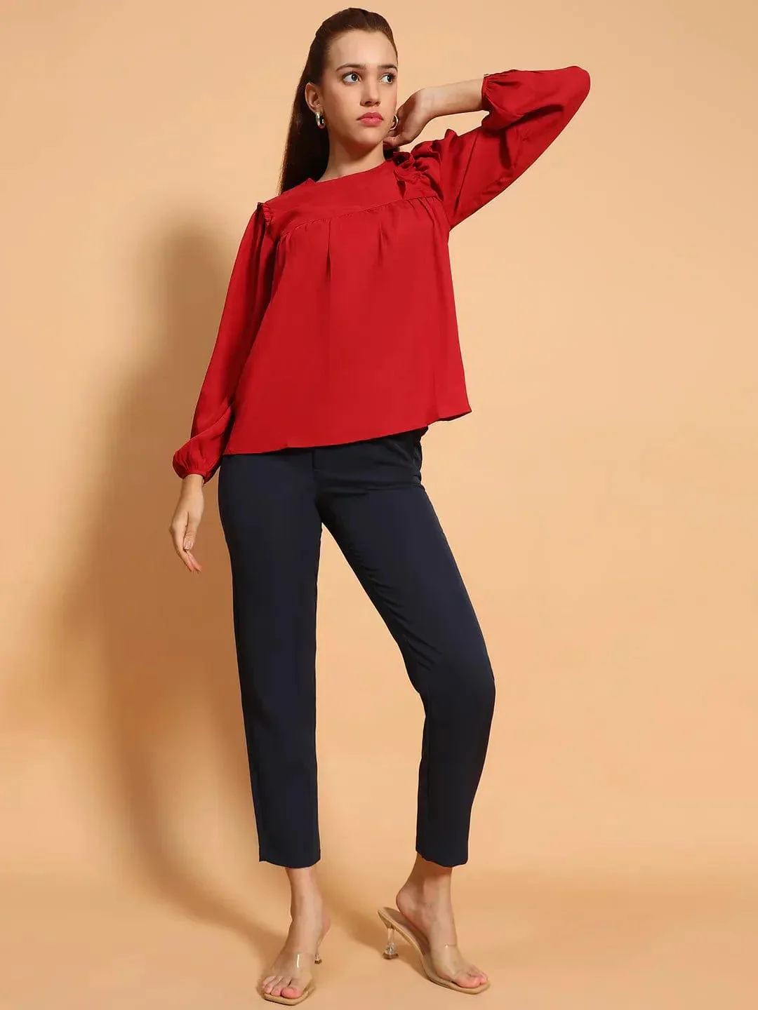Cherry Red Long Sleeve Embelished Detail Women Top - Image 2