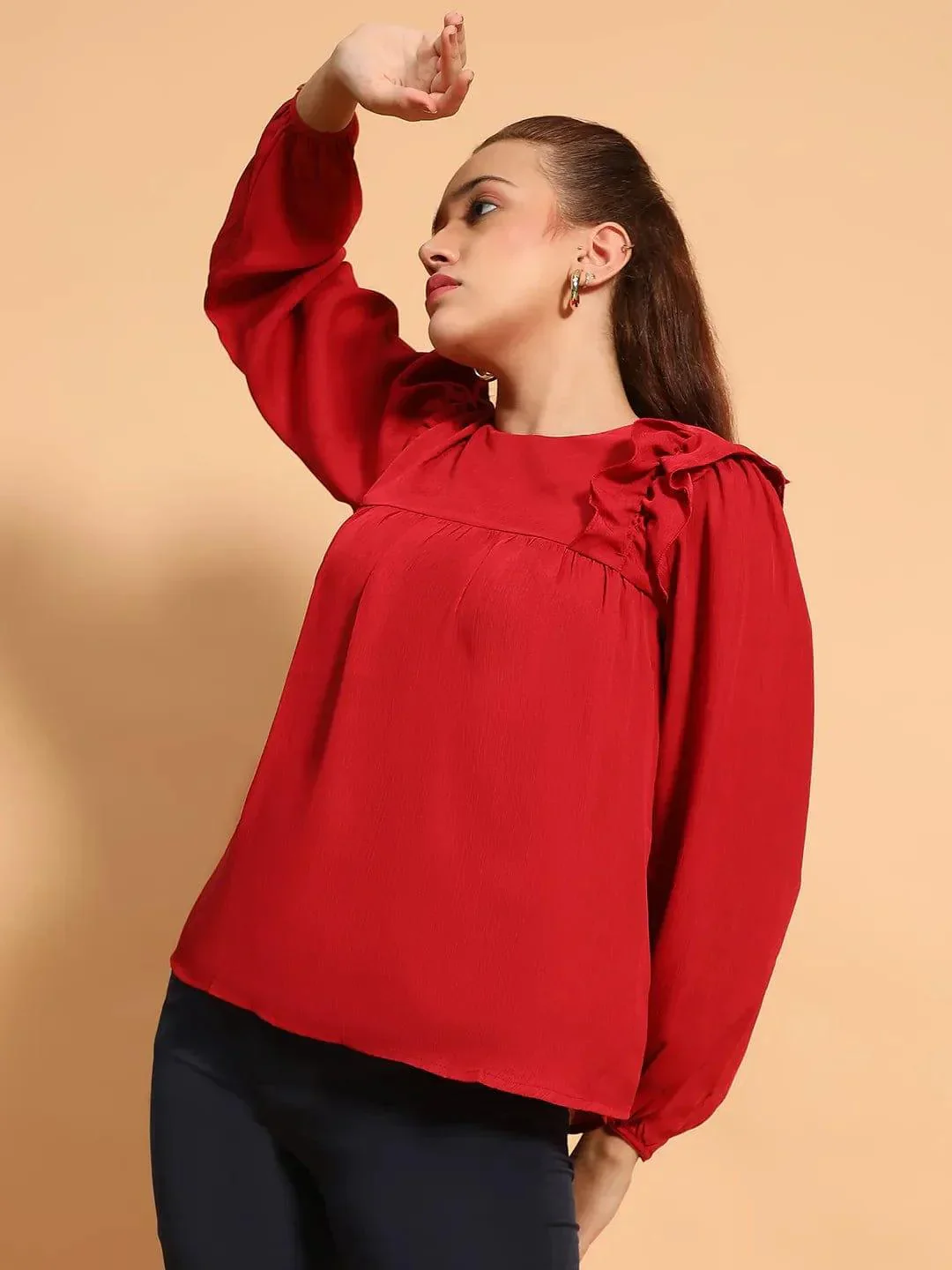 Cherry Red Long Sleeve Embelished Detail Women Top - Image 3