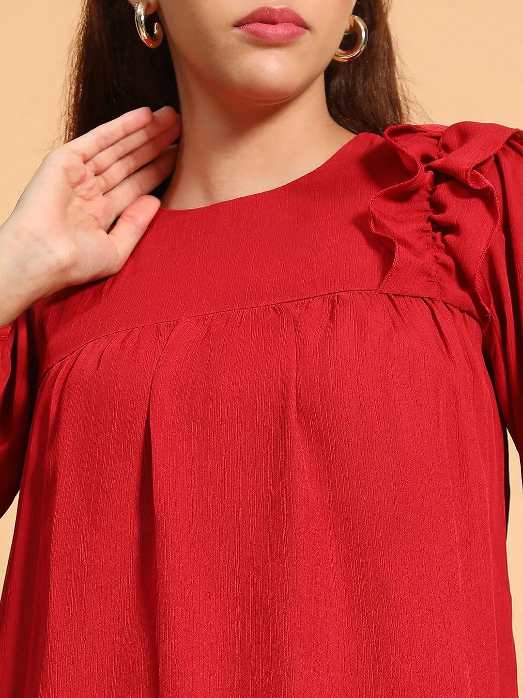 Cherry Red Long Sleeve Embelished Detail Women Top - Image 6