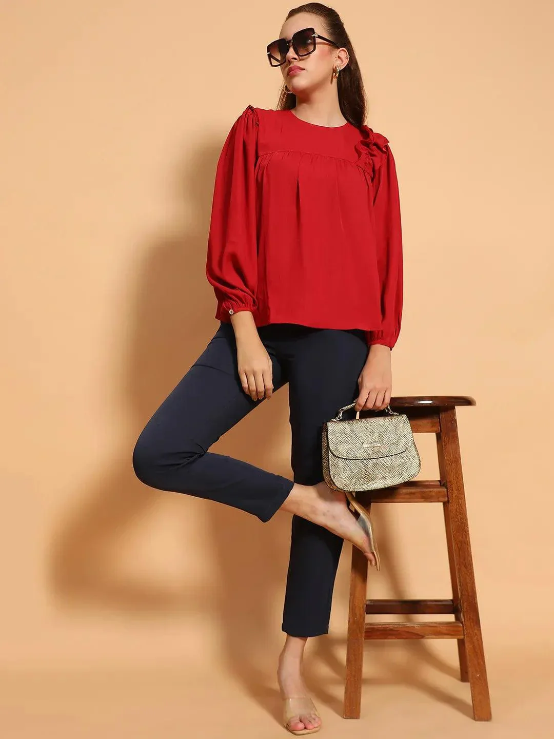 Cherry Red Long Sleeve Embelished Detail Women Top - Image 8