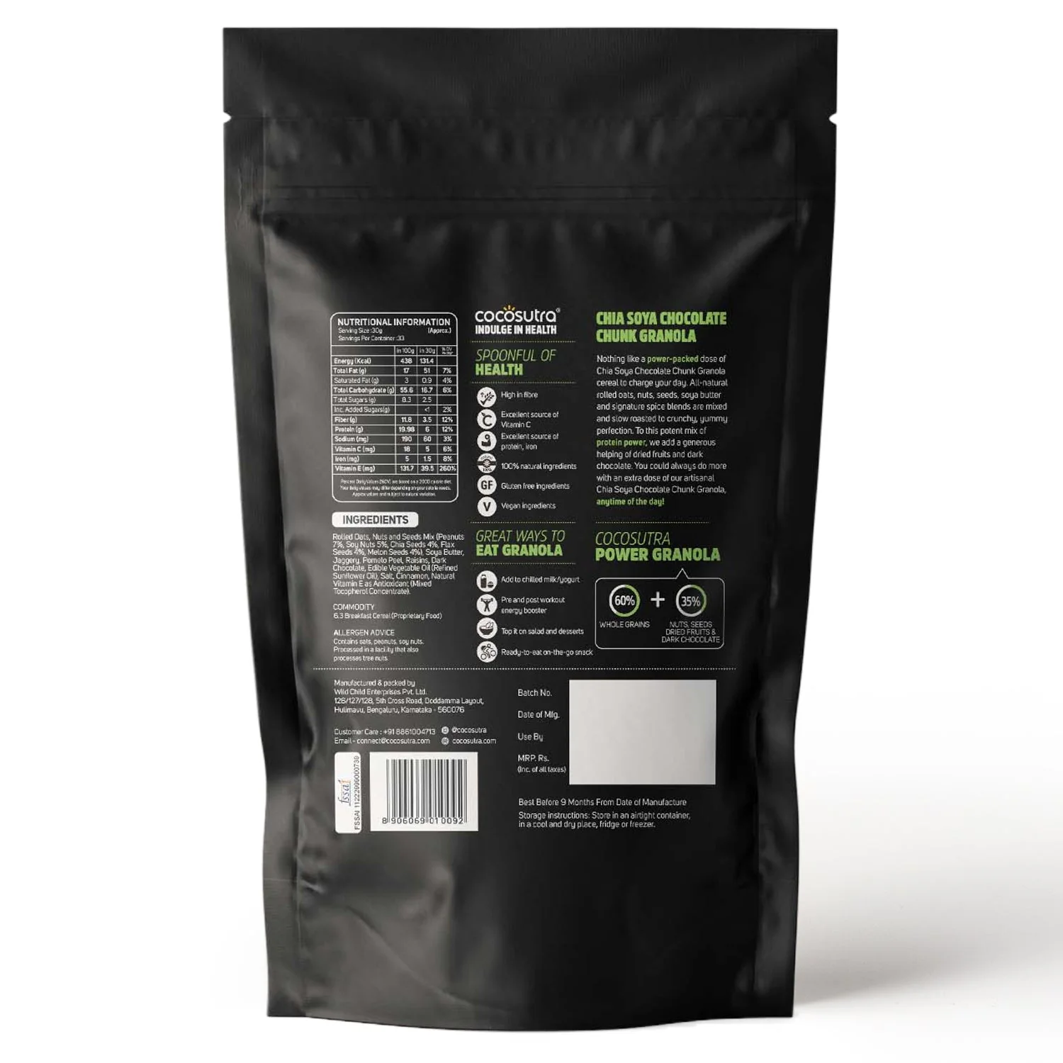 Chia Soya Chocolate Chunk Breakfast Granola - Nuts, Seeds & Dark Chocolate | 1 kg - Image 2
