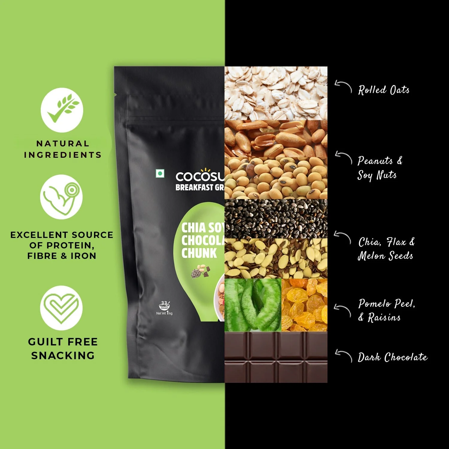 Chia Soya Chocolate Chunk Breakfast Granola - Nuts, Seeds & Dark Chocolate | 1 kg - Image 6