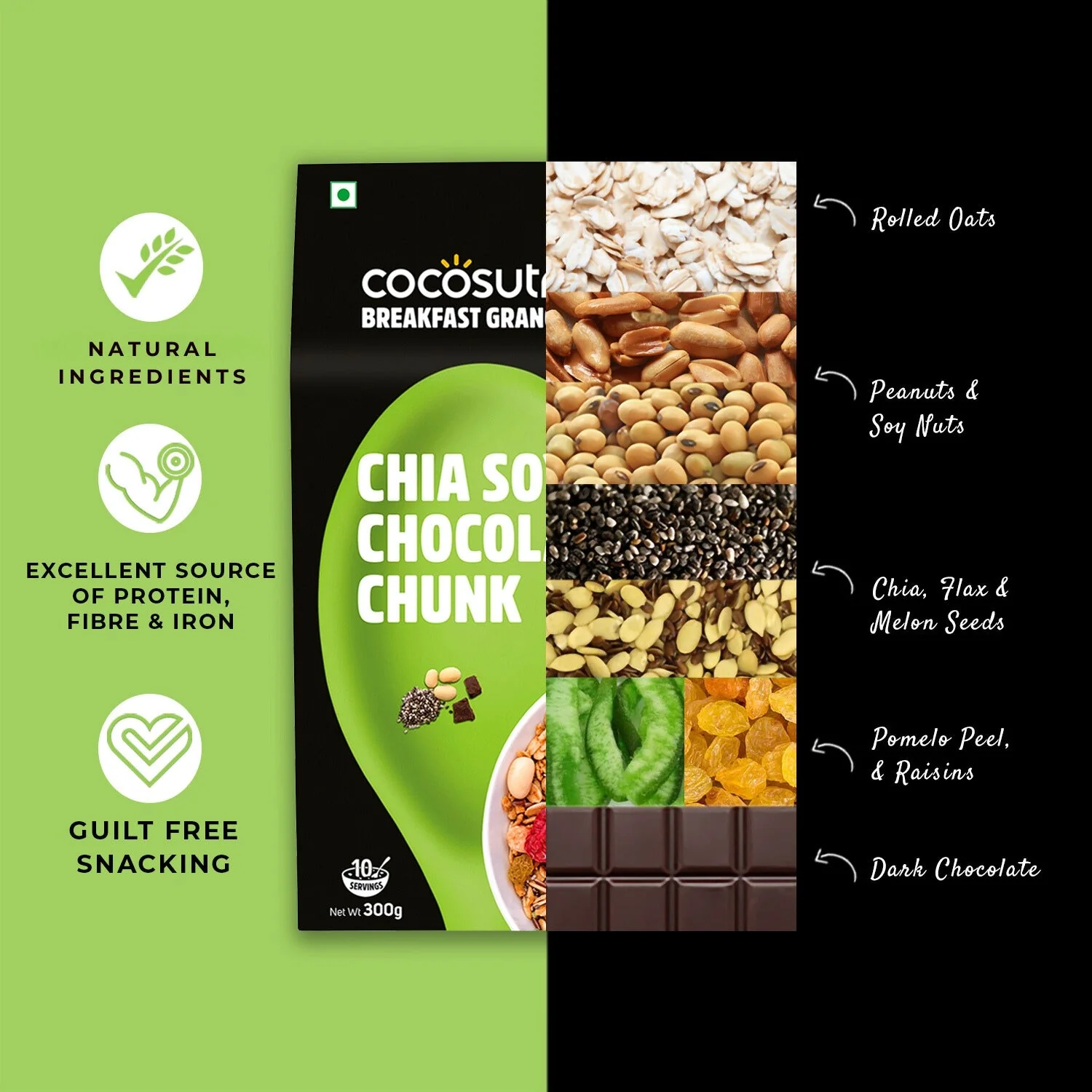 Chia Soya Chocolate Chunk Breakfast Granola - Nuts, Seeds & Dark Chocolate | 300 g - Image 5