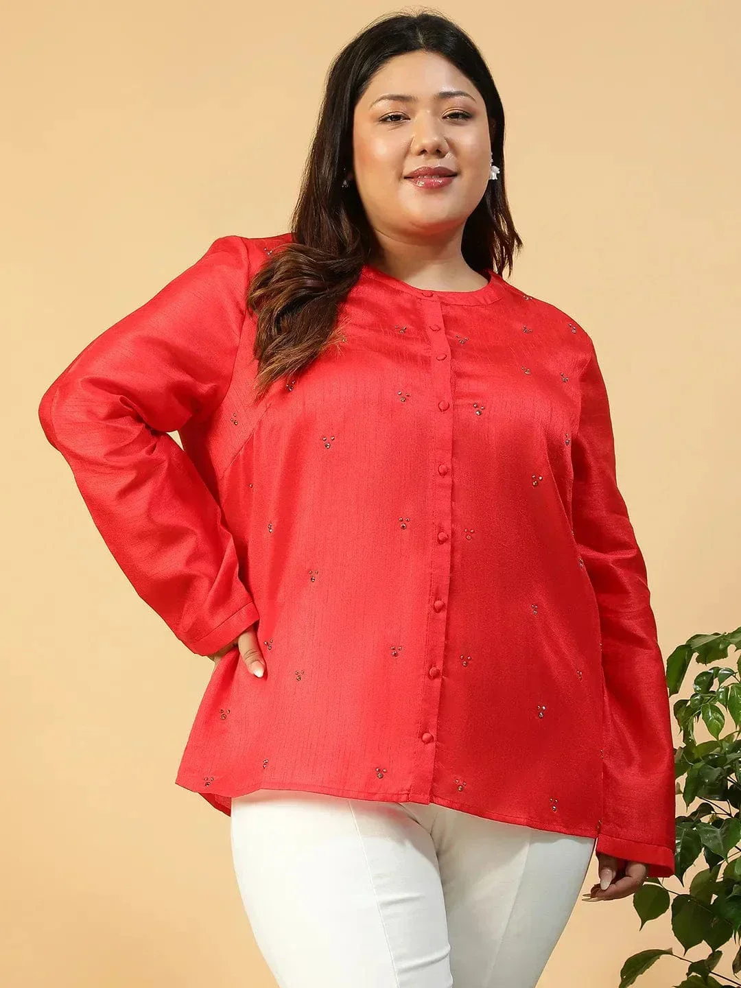 Chiclet Solid Red Long Sleeve Embelished Detail Button Down Plus Size Women Silk Shirt