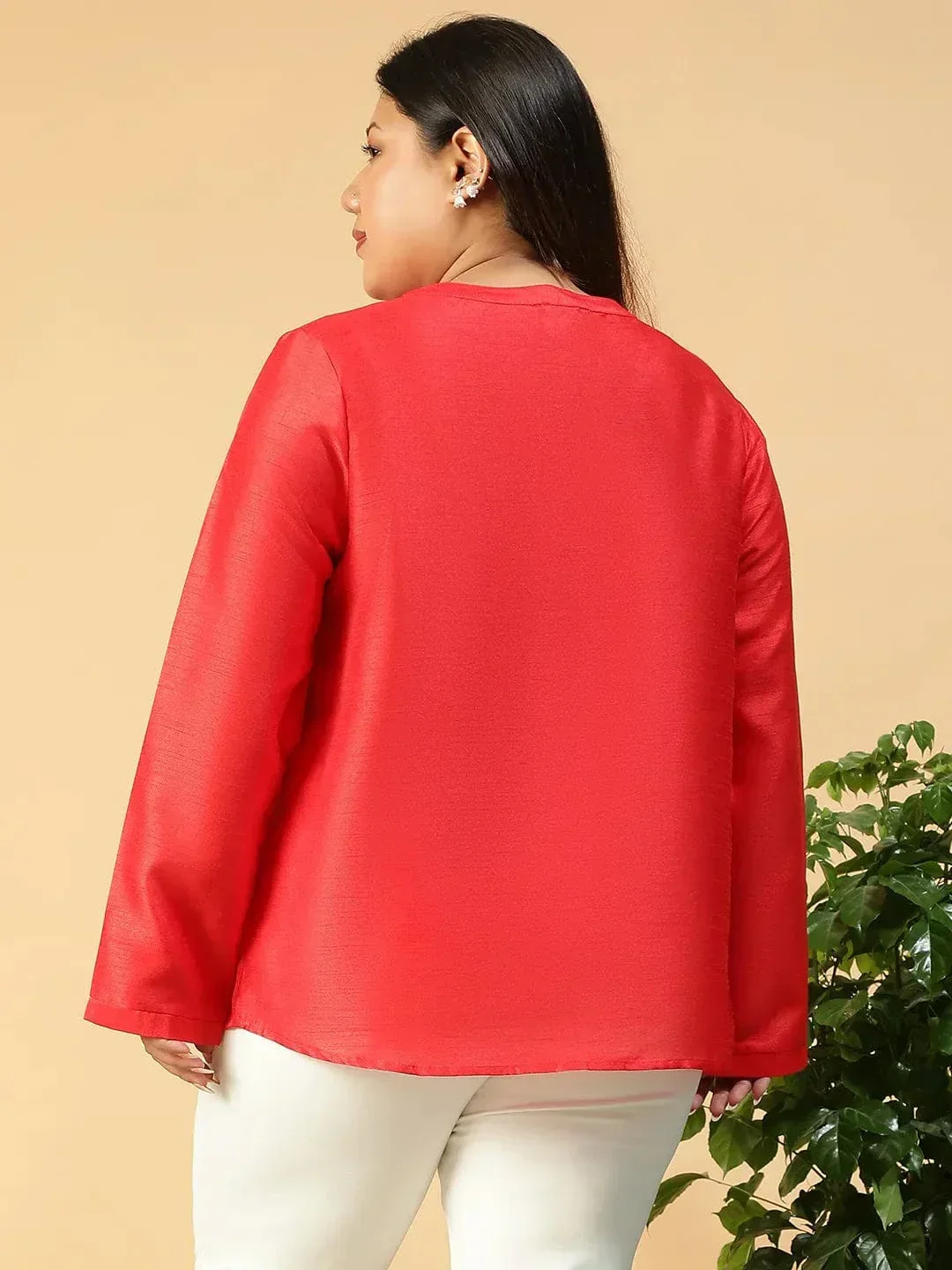 Chiclet Solid Red Long Sleeve Embelished Detail Button Down Plus Size Women Silk Shirt - Image 5