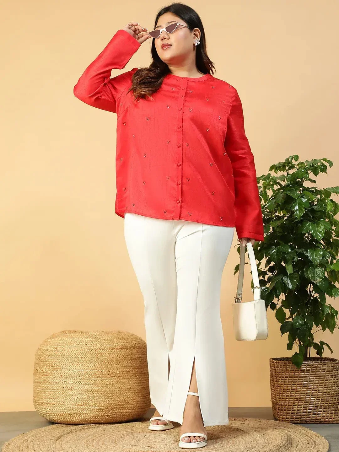 Chiclet Solid Red Long Sleeve Embelished Detail Button Down Plus Size Women Silk Shirt - Image 7