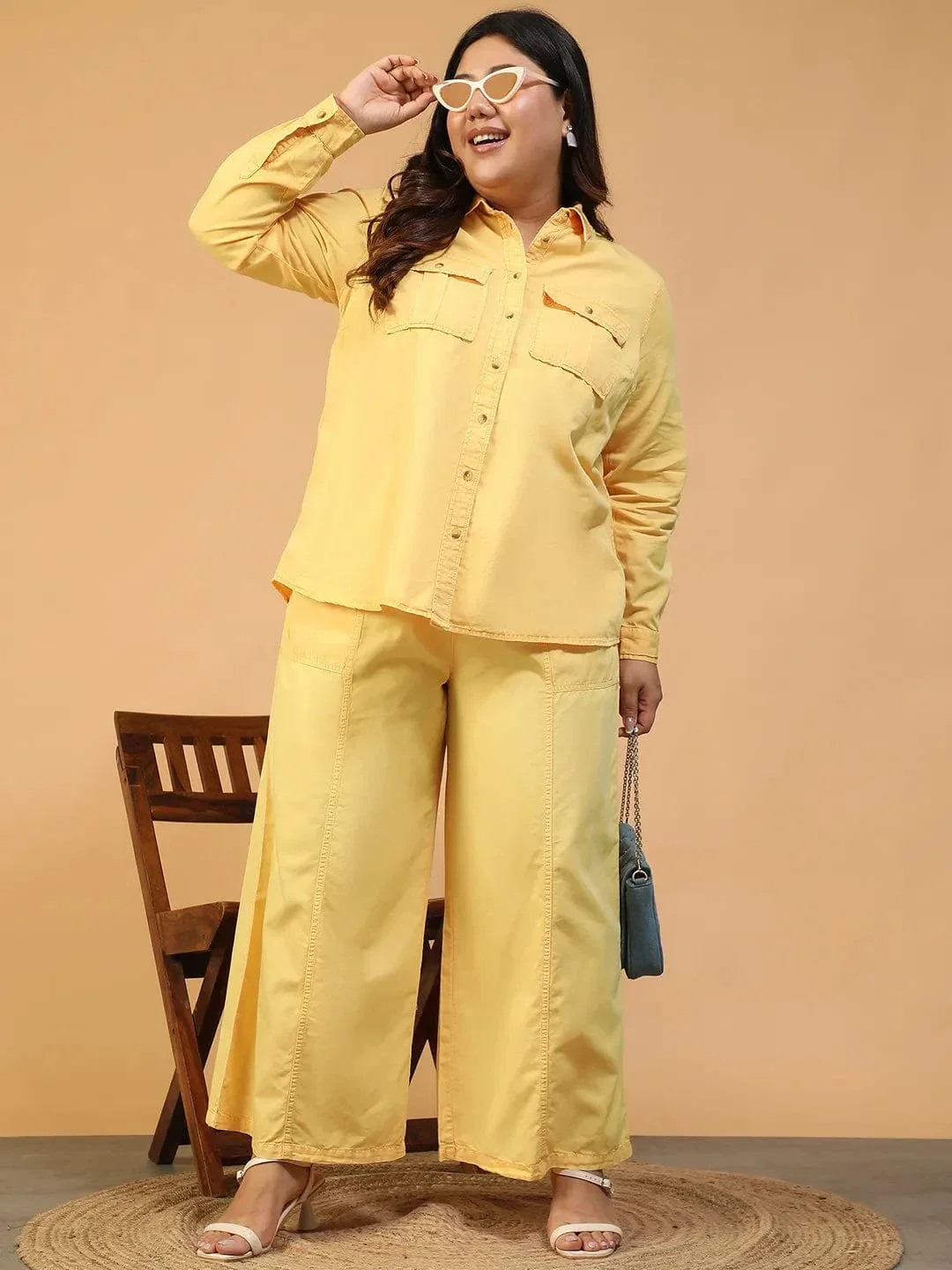 Chiclit Yellow Elasticated With Tie-Up Detail Plus Size Women Long Cotton Pant - Image 2