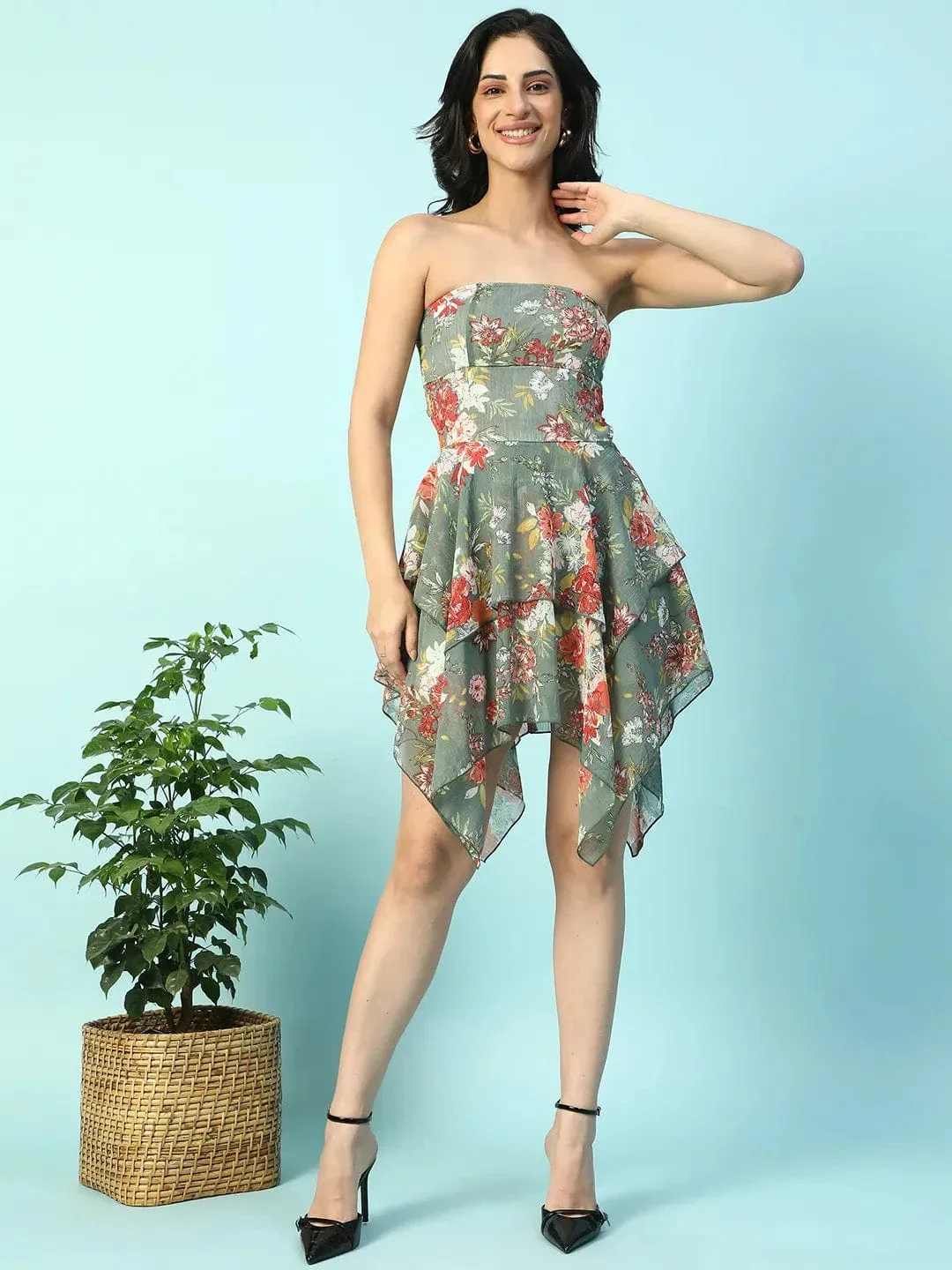 Chill Green Floral Print Ruffle Detail Off Shoulder With Tie-Knot At Back High Low Women Dress - Image 2