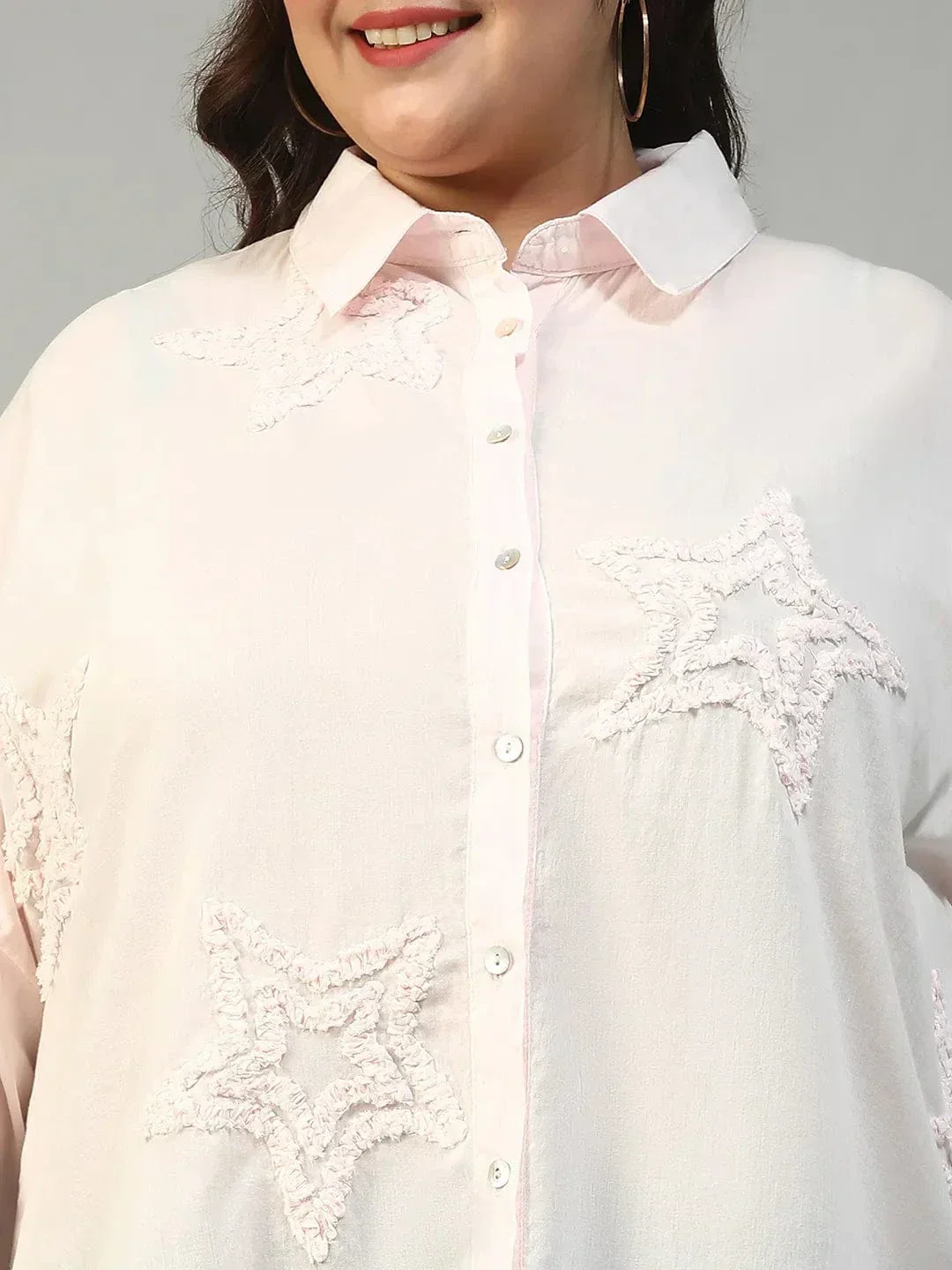 Chintz Light Pink Long Sleeve Embroidered Button Down Plus Size Women Cotton Shirt - Image 6