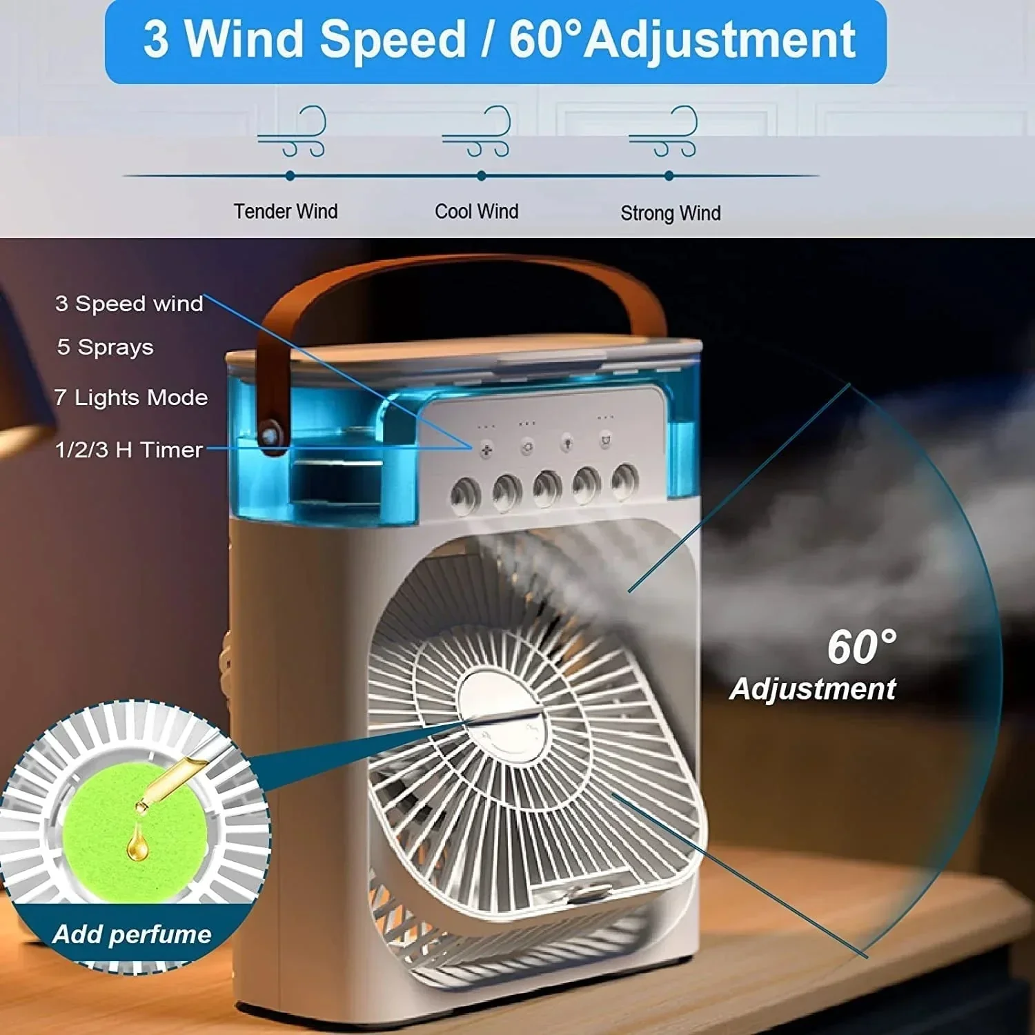 ChotaAC: Portable Air Conditioner Fan – USB-Powered Small AC Mini Evaporative Cooler with 3 Speeds, 5 Mist Makers & 7-Color LED Light - Image 4